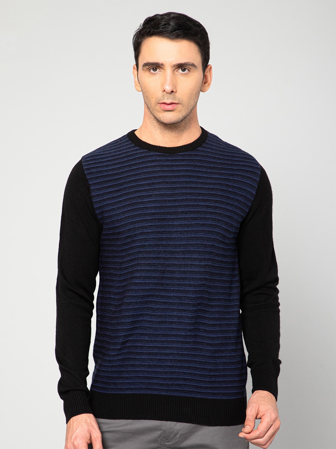 

Cantabil Men Black & Blue Striped Acrylic Pullover