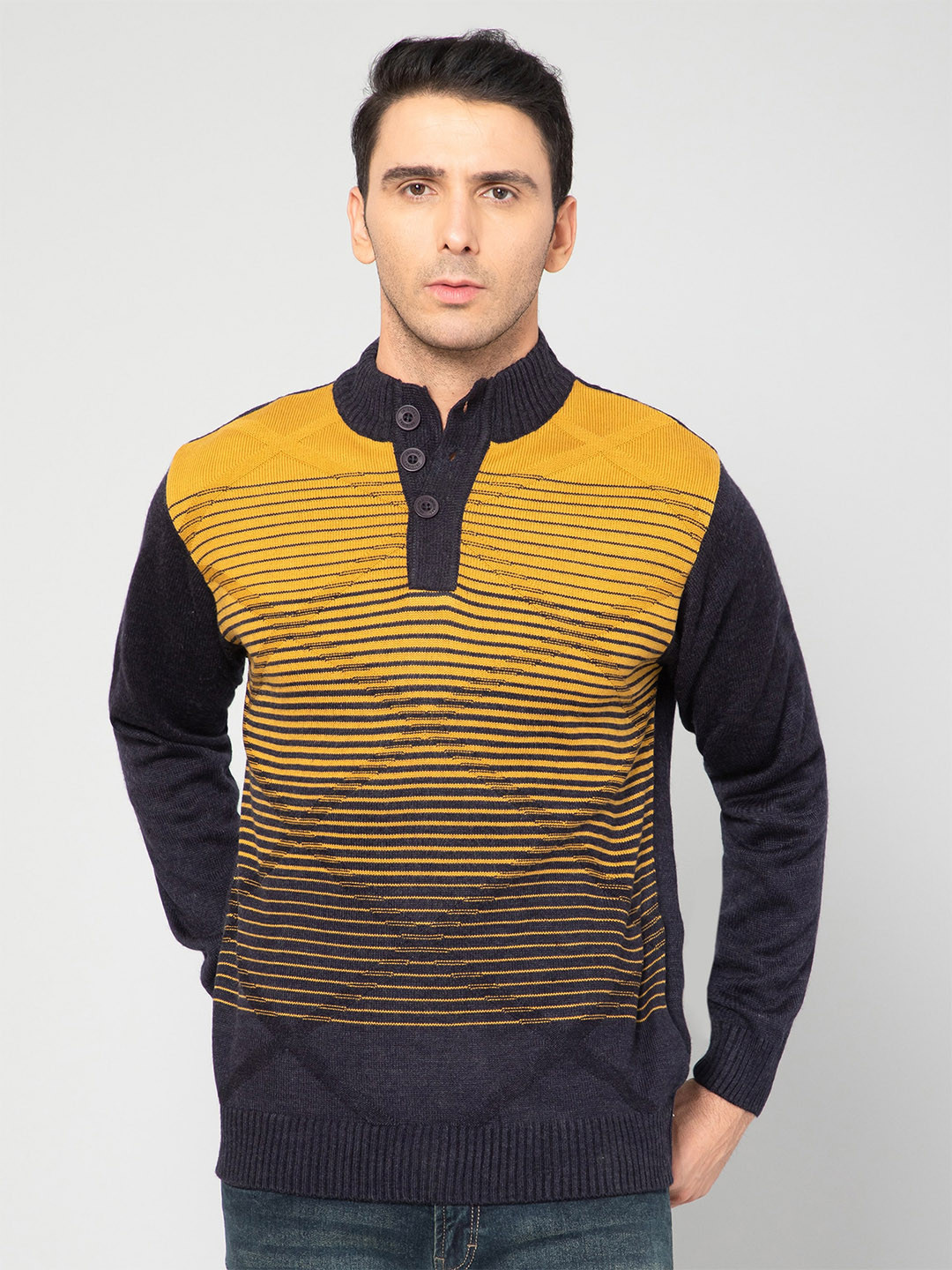 

Cantabil Men Mustard & Blue Striped Acrylic Pullover