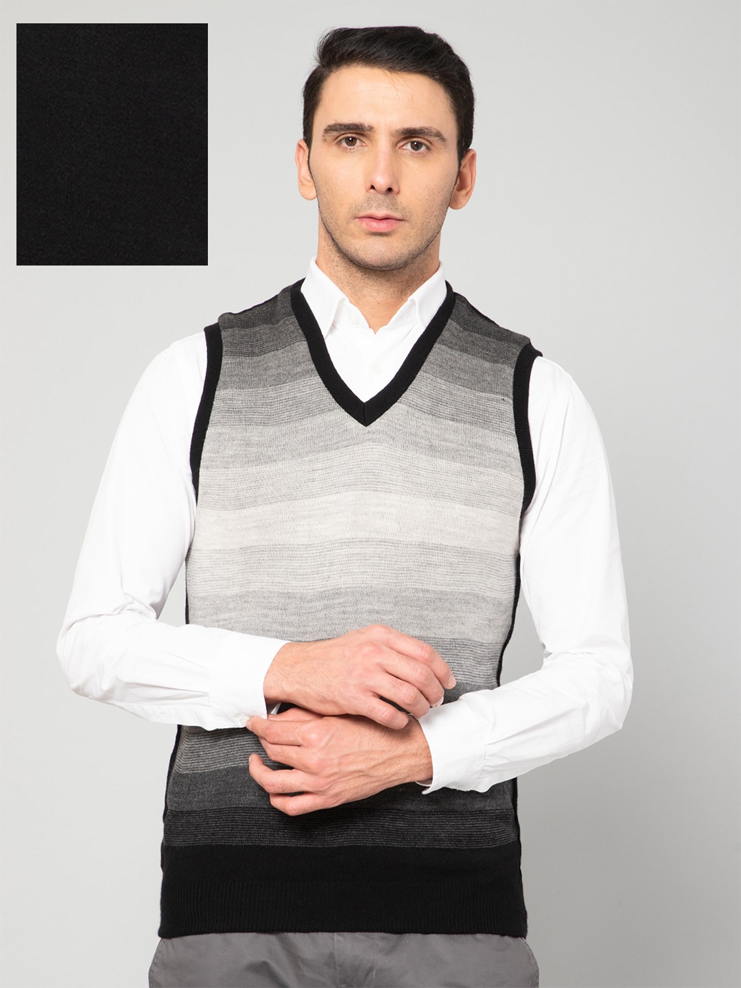 

Cantabil Men Black & Grey Striped Reversible Acrylic Sweater Vest