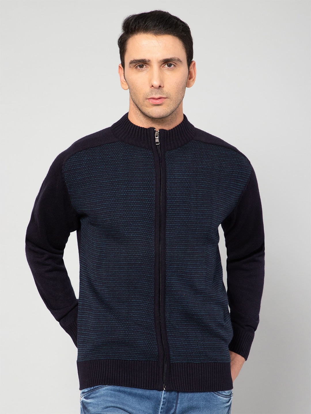 

Cantabil Men Navy Blue & Black Ribbed Acrylic Cardigan with Zip Detail