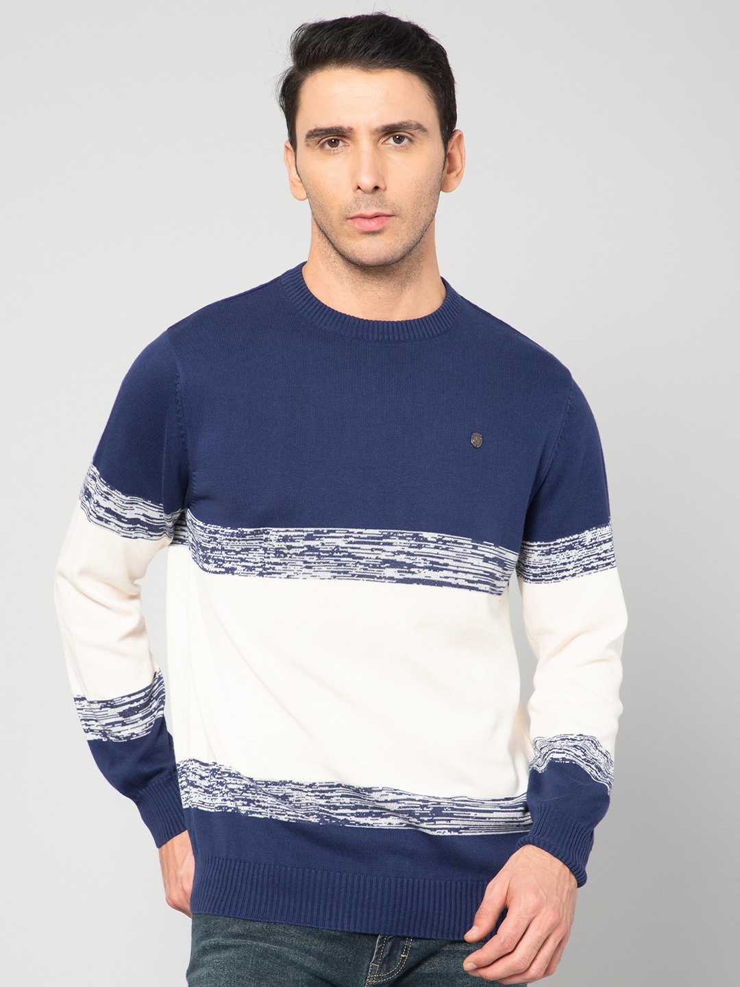 

Cantabil Men Blue & White Colourblocked Cotton Pullover