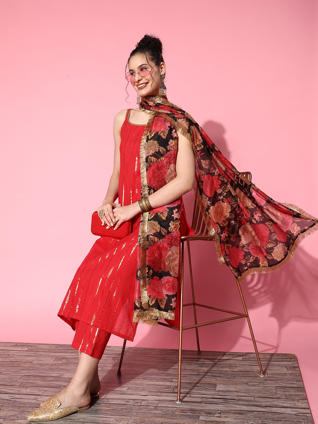

Varanga Women Red & Gold-Toned Striped Kurta