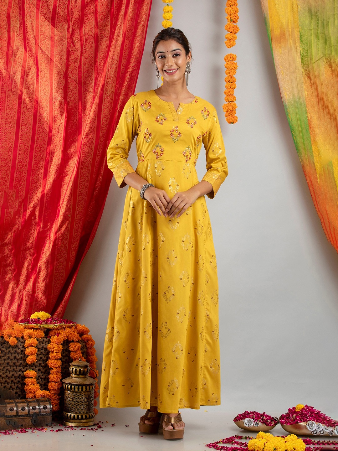 

SUTI Mustard Yellow Floral Embroidered Fit & Flare Dress
