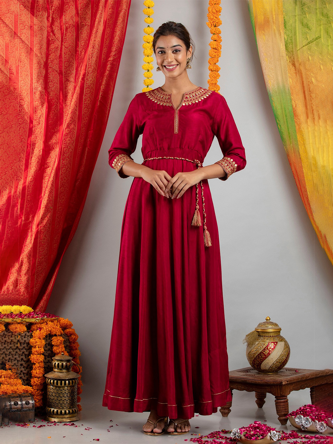 

SUTI Maroon Ethnic Embroidered Fit & Flare Dress