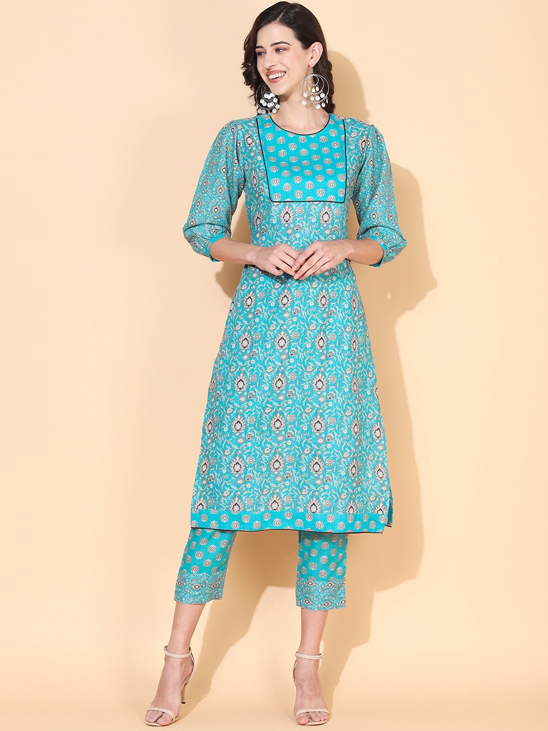 

FASHOR Women Turquoise Blue Floral Printed Linen Kurta with Trousers