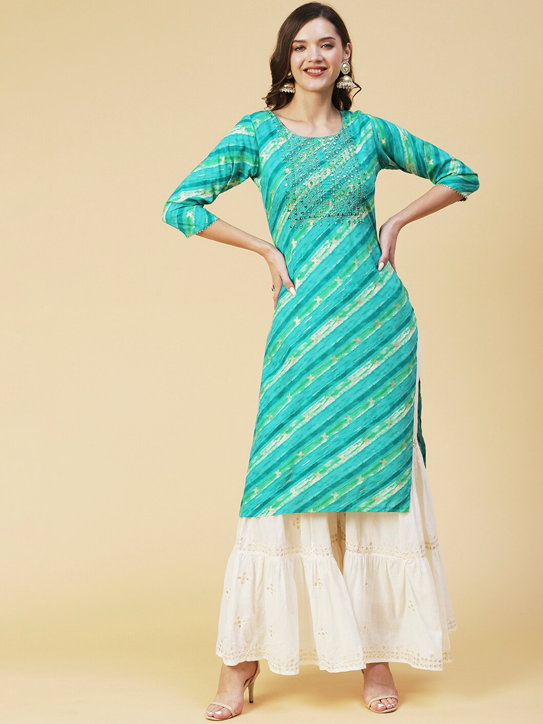 

FASHOR Leheriya Printed Mirror Work Kurta, Green