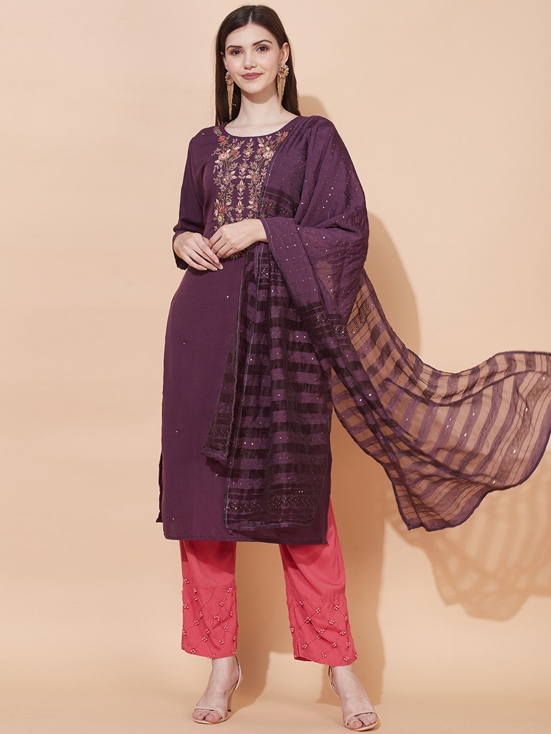 

FASHOR Floral Embroidered Straight Cotton Kurta With Dupatta, Purple