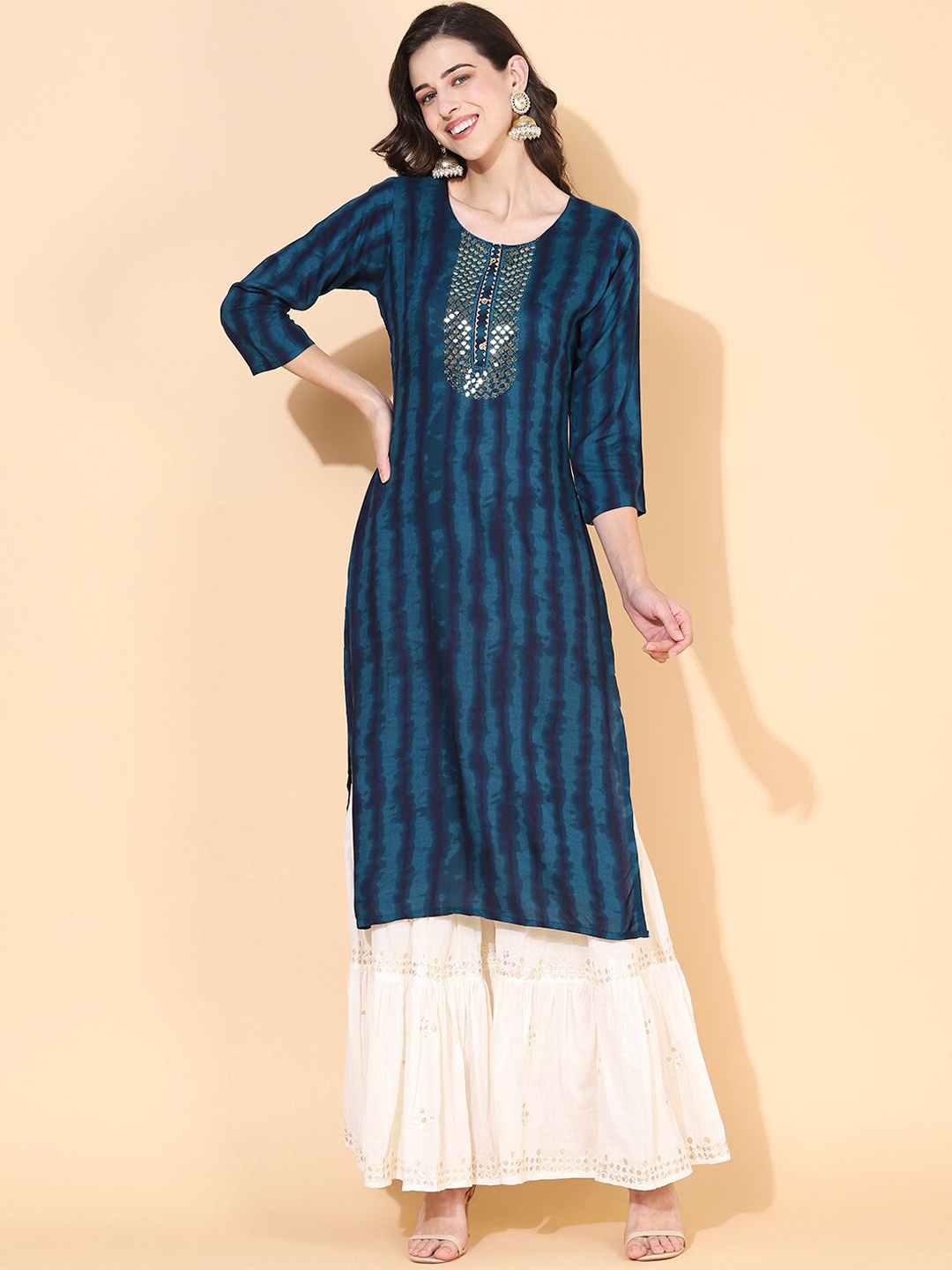 

FASHOR Women Navy Blue & Blue Dyed Mirror Work Kurta