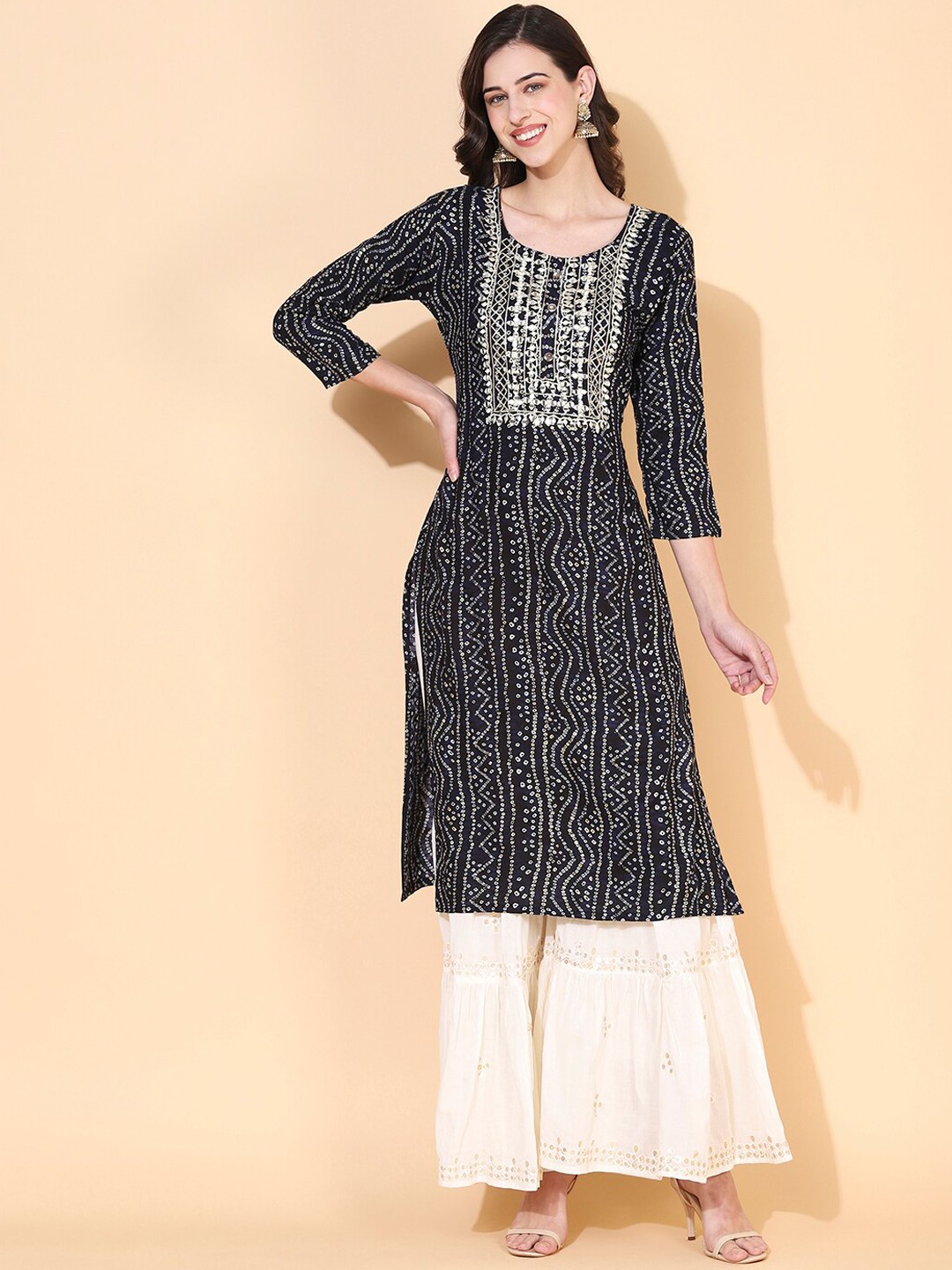 

FASHOR Women Navy Blue Bandhani Printed Mirror Work Kurta