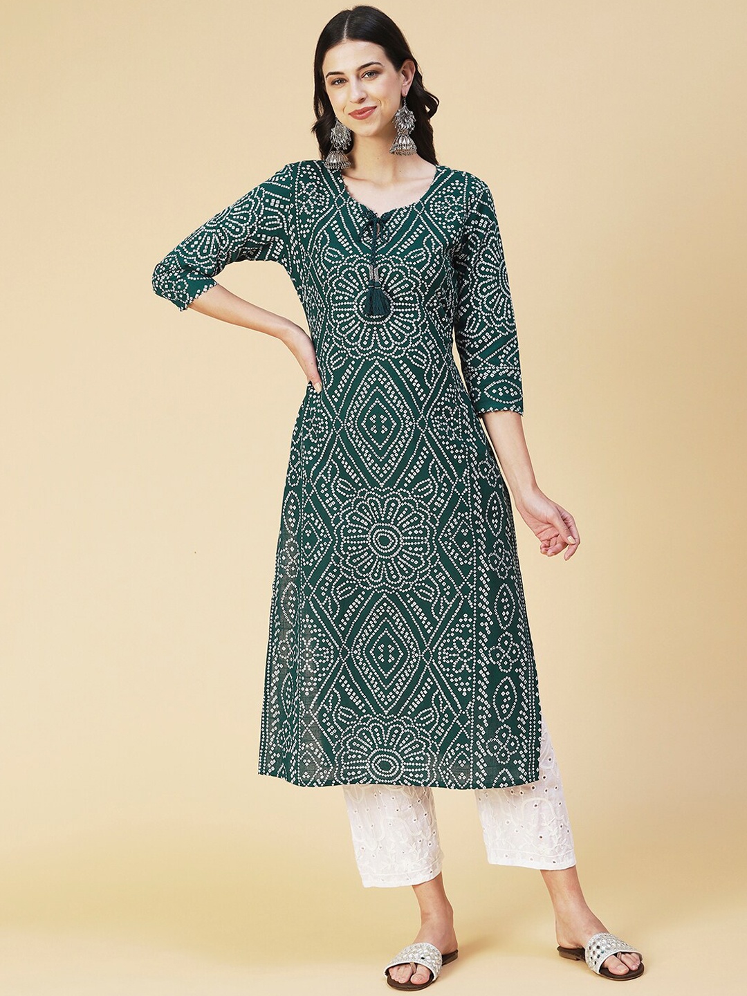 

FASHOR Women Green & Coffee Brown Ethnic Motifs Dyed Kurta