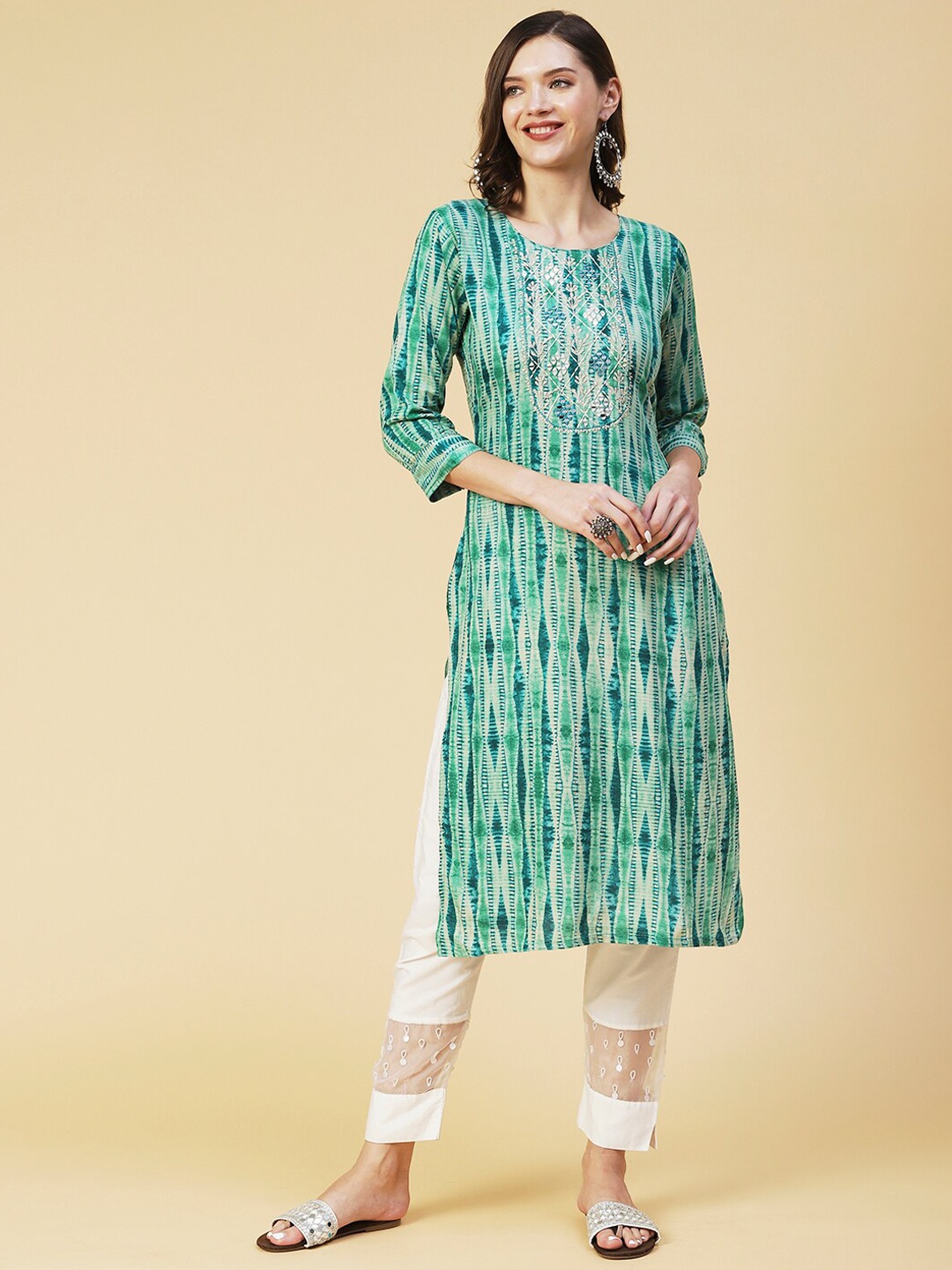 

FASHOR Women Sea Green Printed Kurta