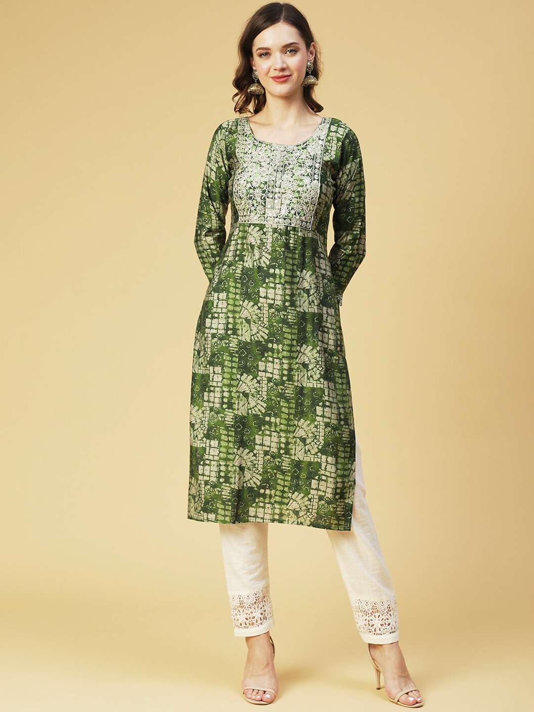 

FASHOR Women Green Printed Silk Kurta