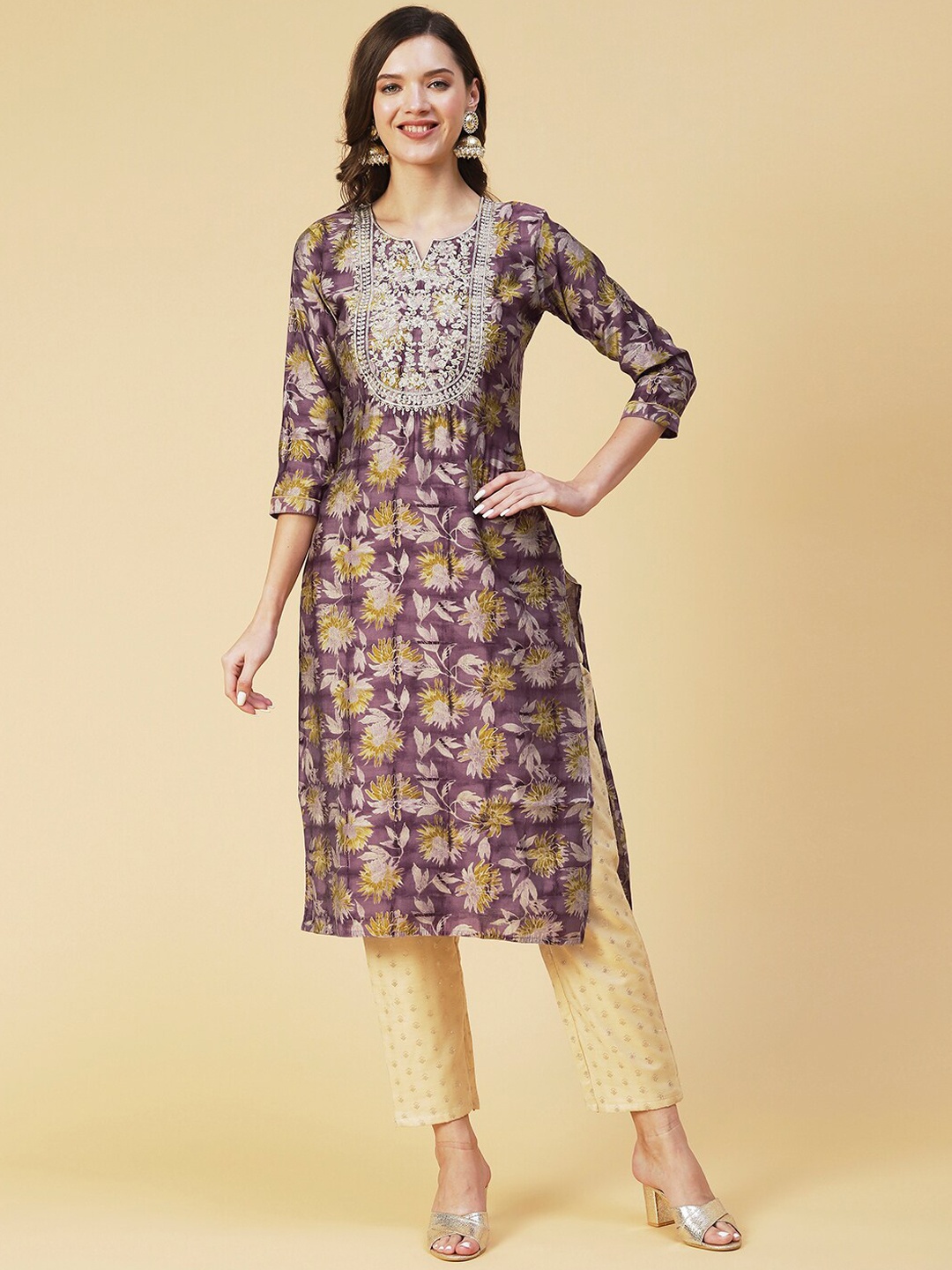 

FASHOR Women Purple & Yellow Floral Printed Kurta