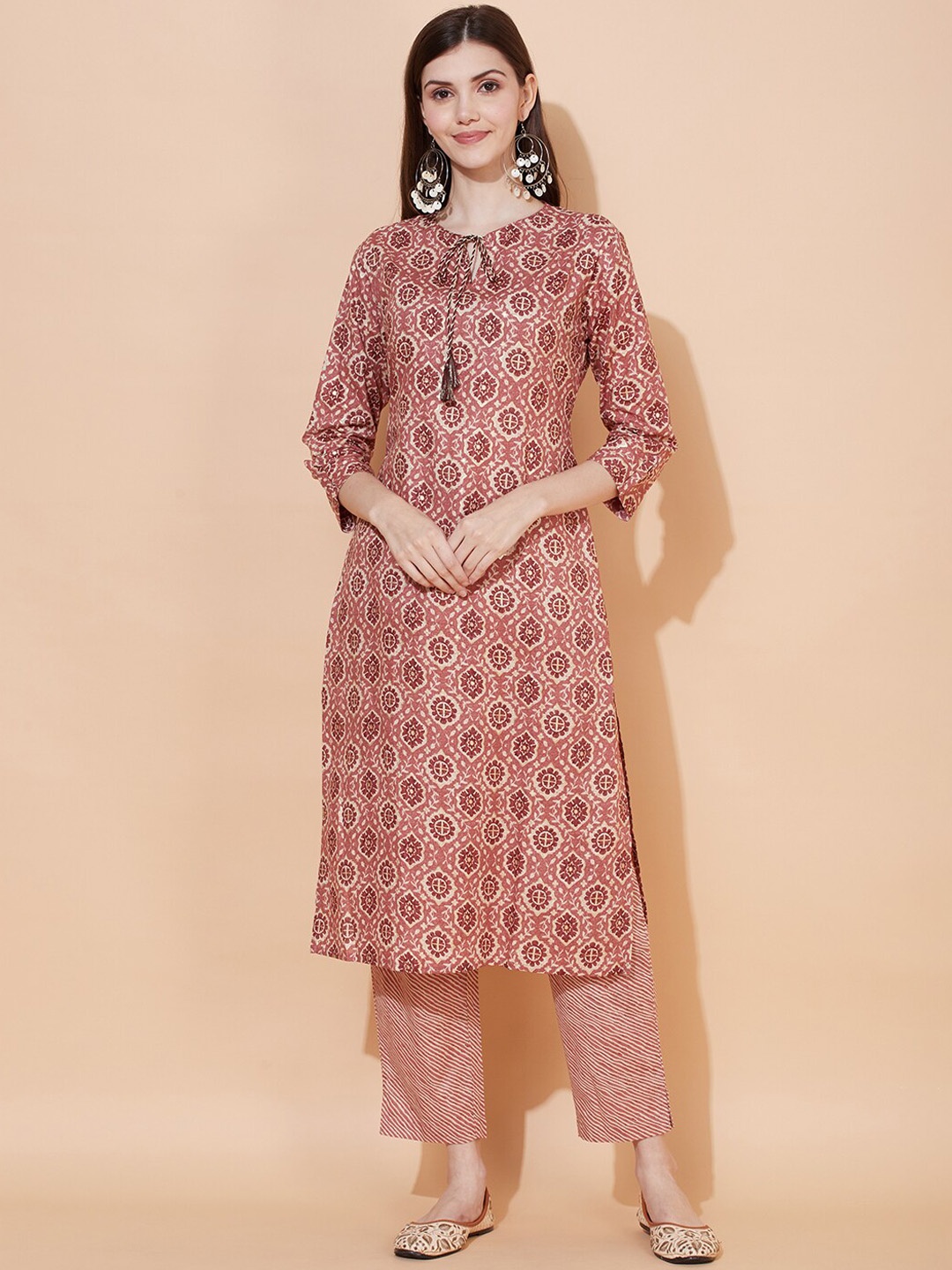 

FASHOR Women Pink Floral Printed Pure Cotton Kurta With Trousers