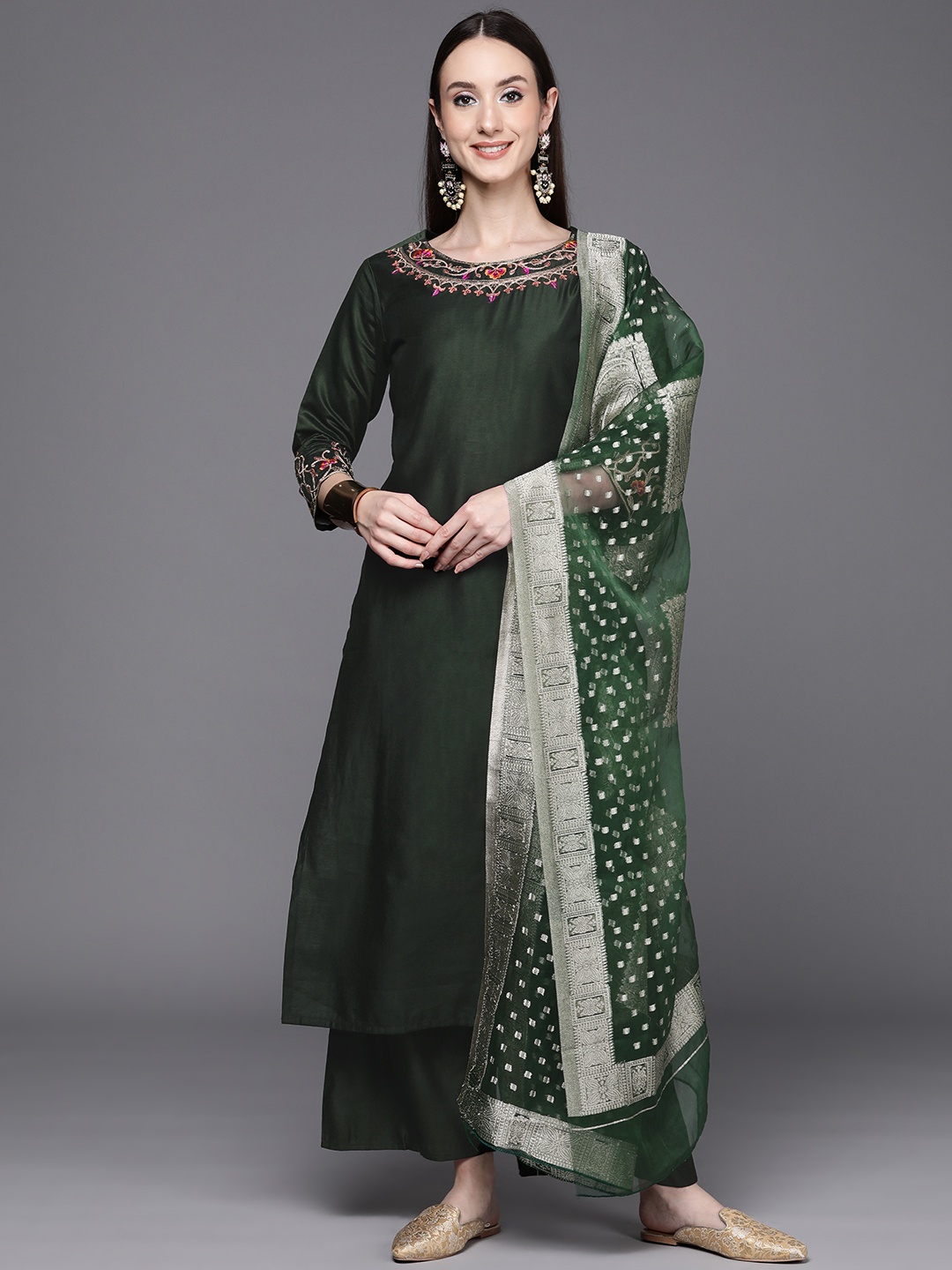 

Indo Era Women Green Floral Embroidered Liva Kurta with Palazzos & With Dupatta