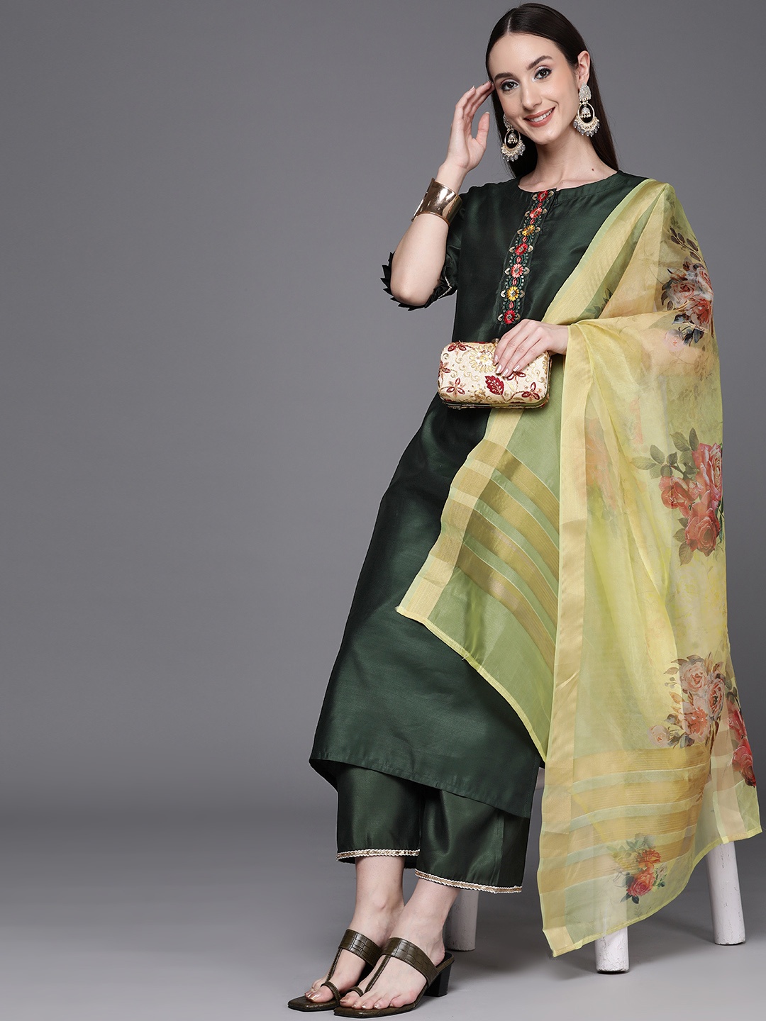 

Indo Era Women Floral Embroidered Thread Work Kurta with Palazzos & Dupatta, Green