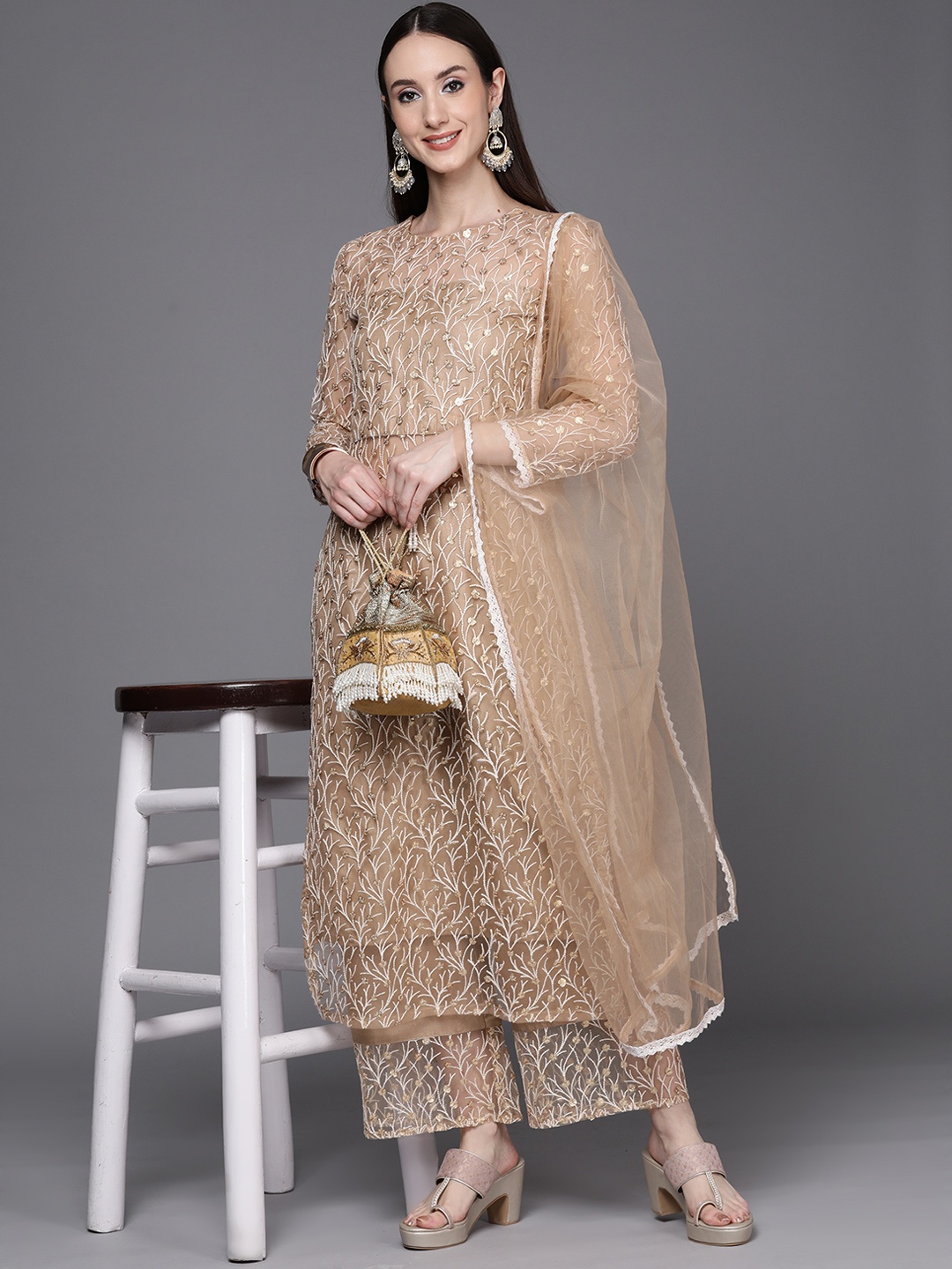 

Indo Era Women Floral Embroidered Sequinned Kurta with Palazzos & Dupatta, Beige