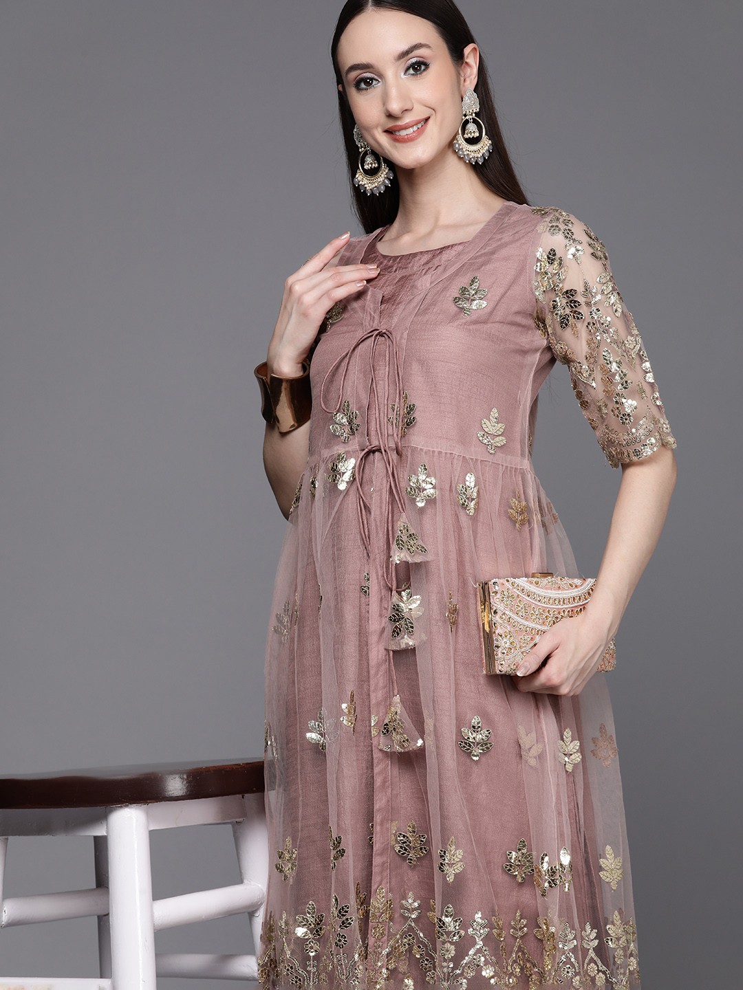 

Indo Era Women Pleated Sequinned A-Line Kurta with Trousers & Jacket, Mauve