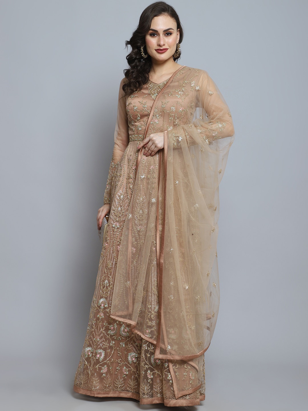 

Stylee LIFESTYLE Peach-Coloured Embroidered Semi-Stitched Dress Material