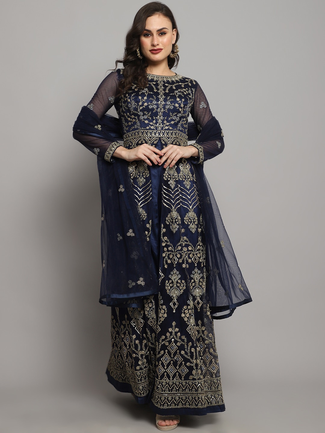 

Stylee LIFESTYLE Navy Blue & Gold-Toned Embroidered Semi-Stitched Dress Material