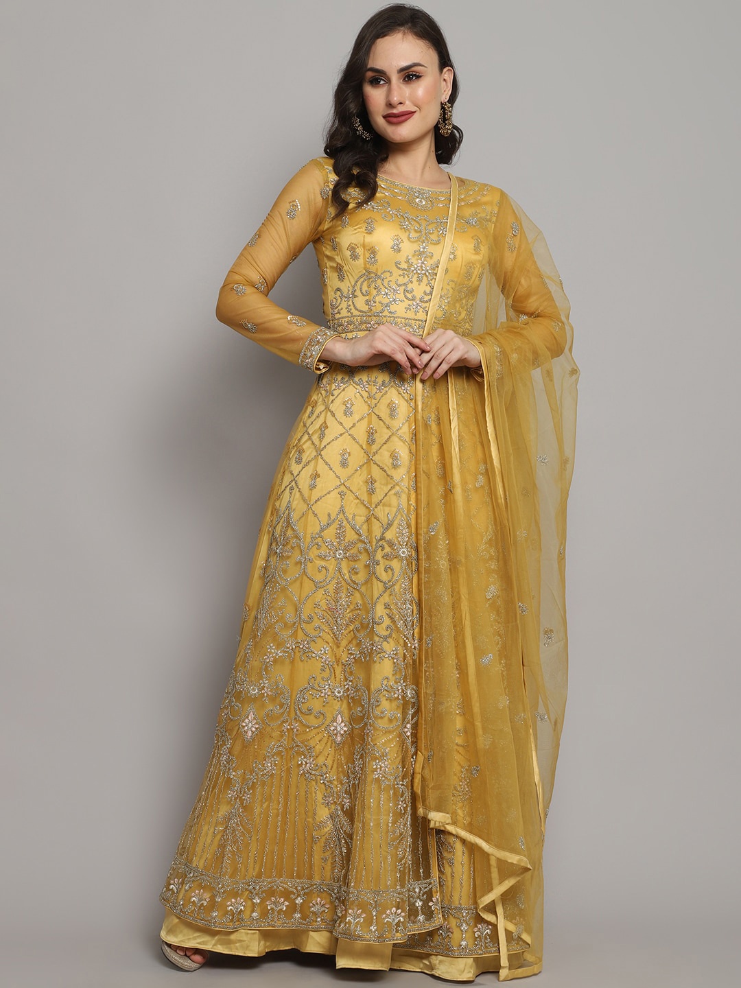 

Stylee LIFESTYLE Yellow & Silver-Toned Embroidered Semi-Stitched Dress Material