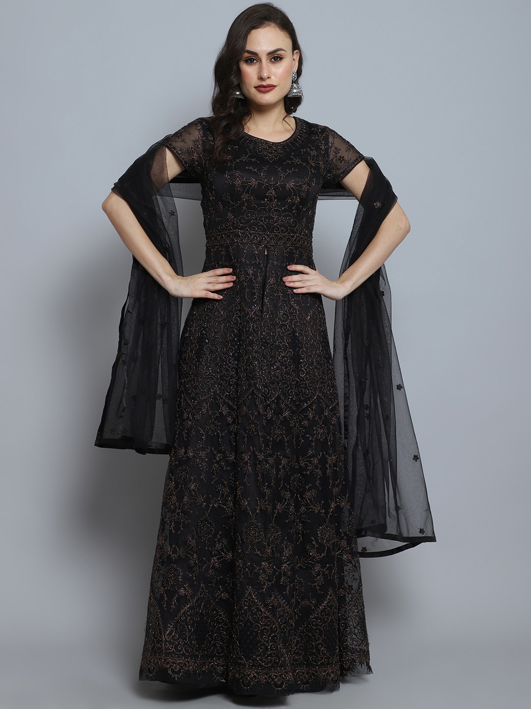 

Stylee LIFESTYLE Black Embroidered Semi-Stitched Dress Material