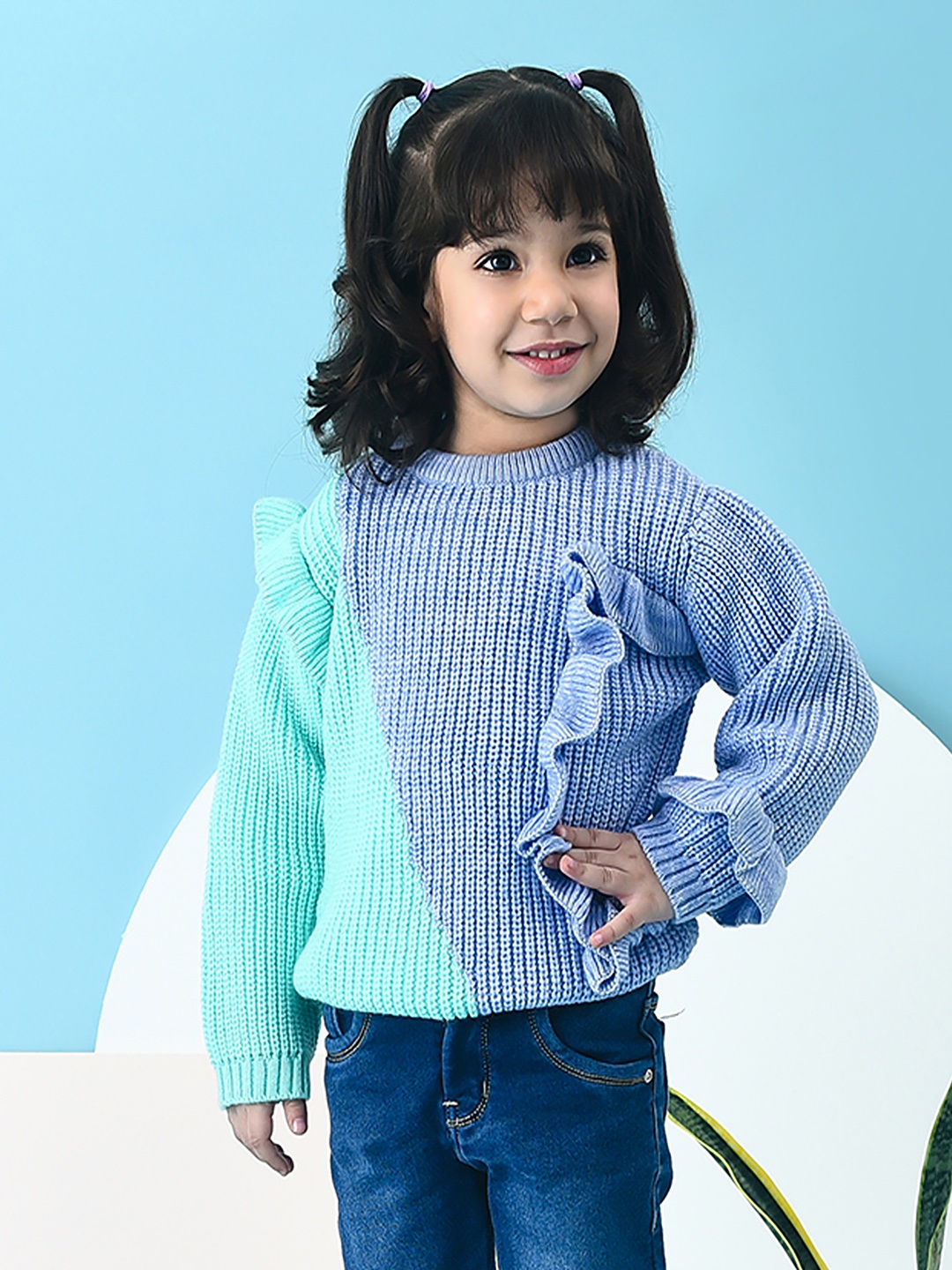 

MiArcus Girls Blue & Green Colourblocked Pullover Acrylic Sweater