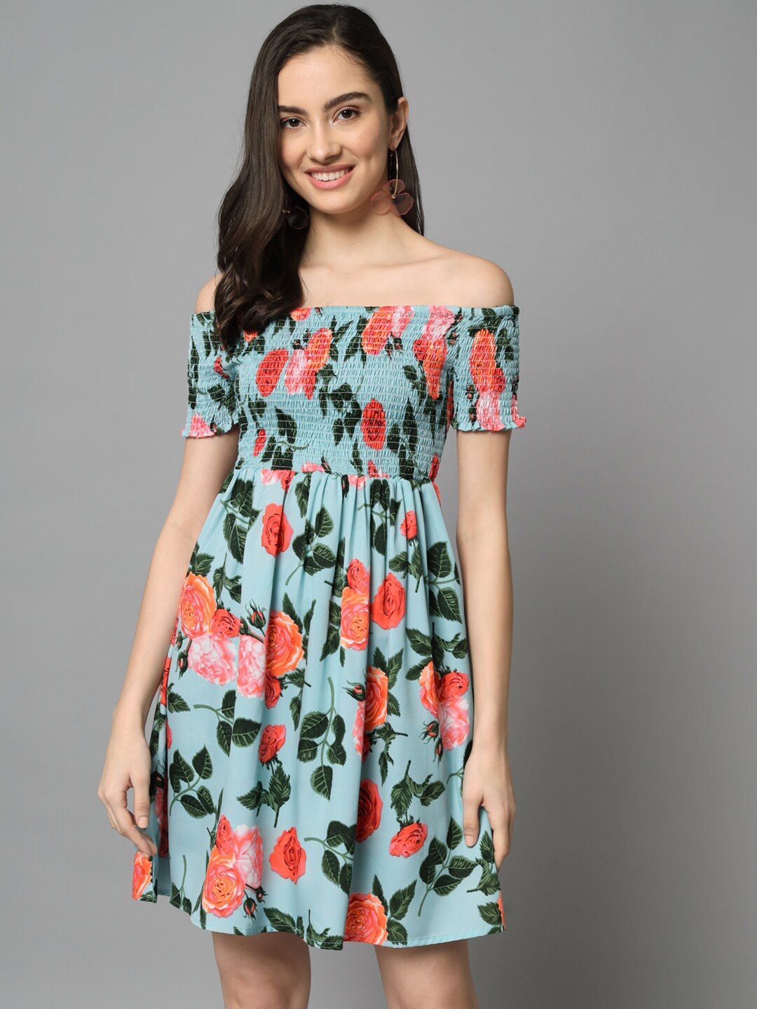 

emeros Turquoise Blue Floral Printed Off-Shoulder Fit & Flare Dress