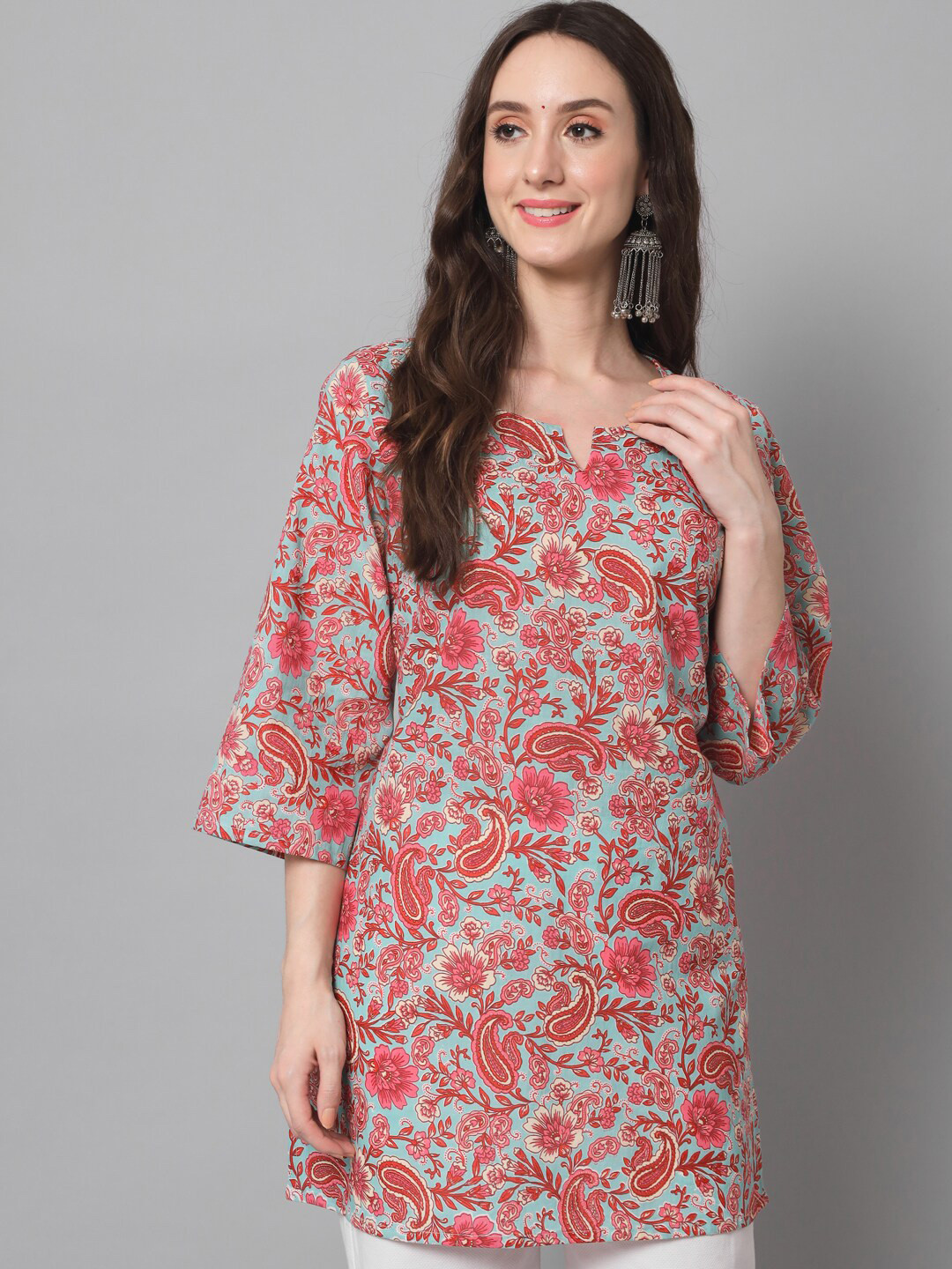 

Silai Bunai Turquoise Blue & Pink Paisley Printed Pure Cotton Kurti