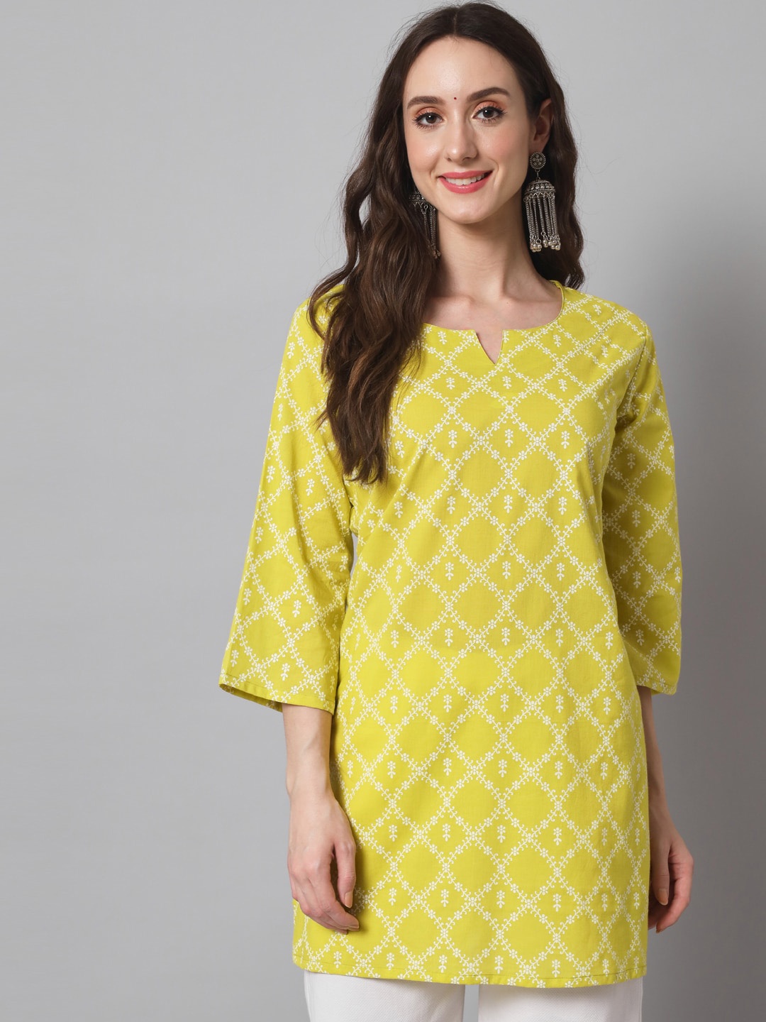 

Silai Bunai Women Lime Green Geometric Printed Floral Kurta