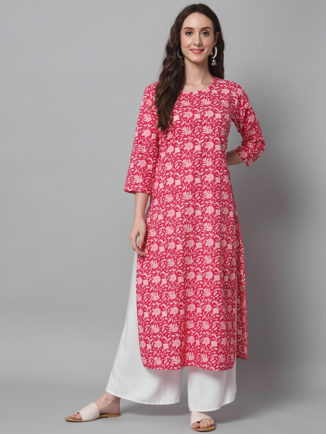 

Silai Bunai Fuchsia Floral Printed Pure Cotton Kurti