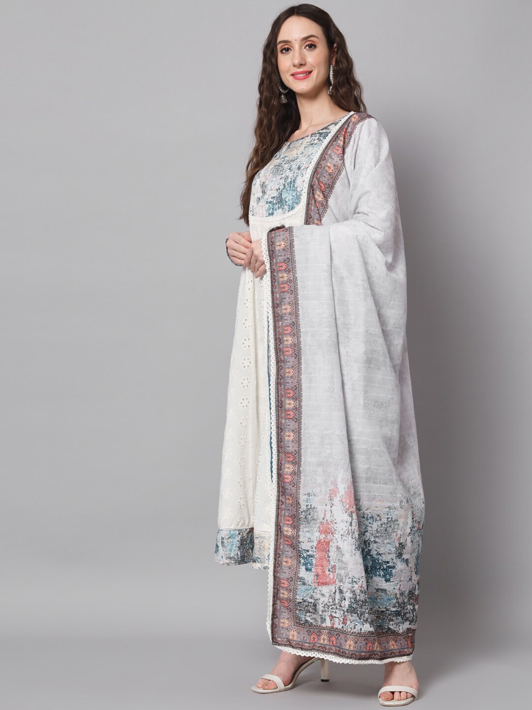 

Silai Bunai Women White Yoke Design Kurta with Trousers & Dupatta