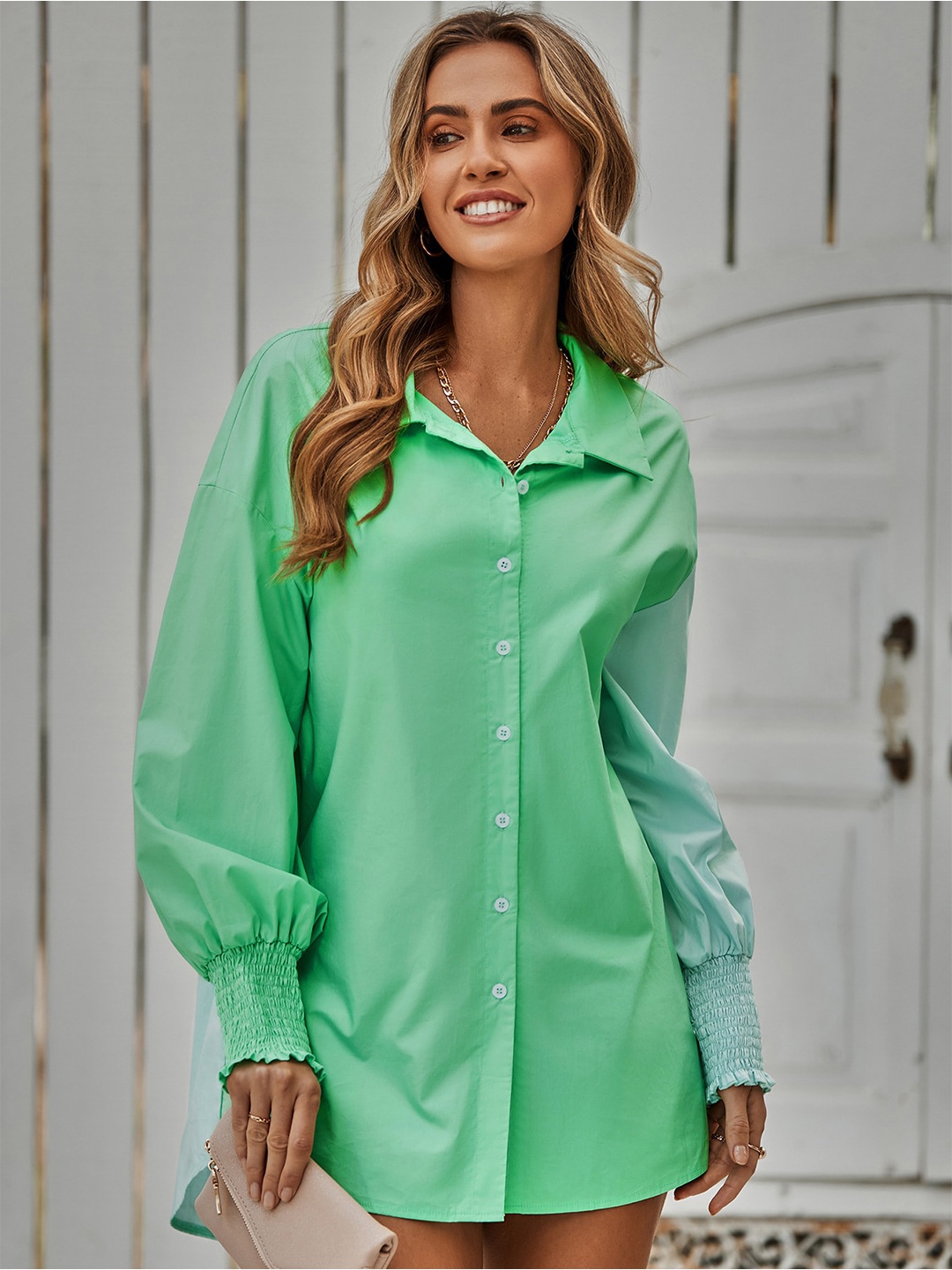 

StyleCast Green & Blue Colourblocked Shirt Style Top