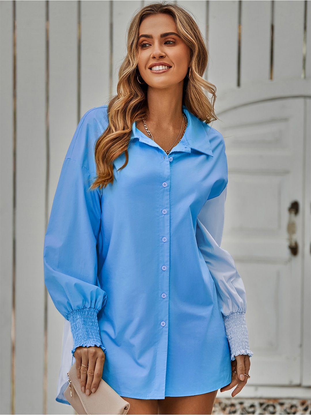

StyleCast Blue Colourblocked Shirt Style Top