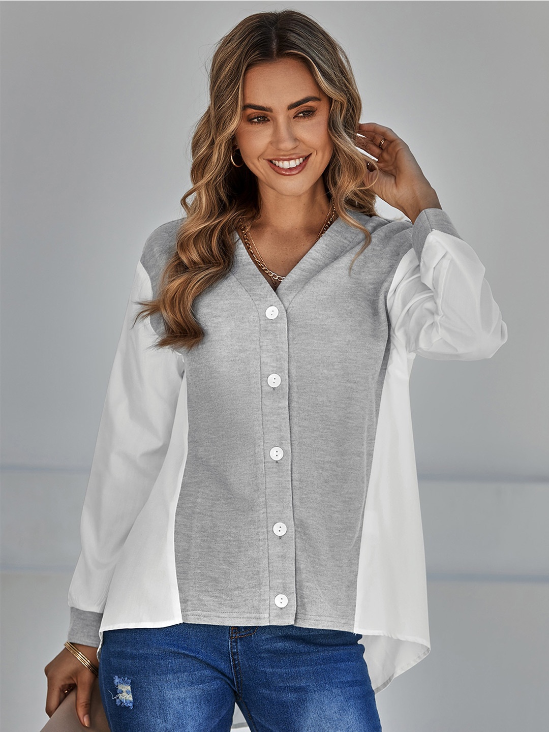 

StyleCast Grey & White Colourblocked Shirt Style Top