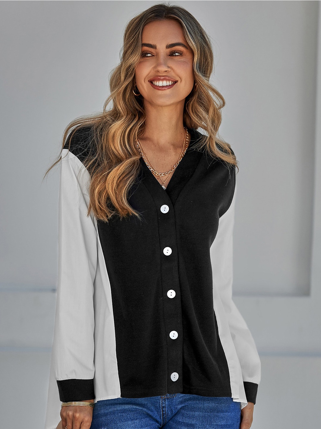 

StyleCast Black & Off White Colourblocked Shirt Style Top