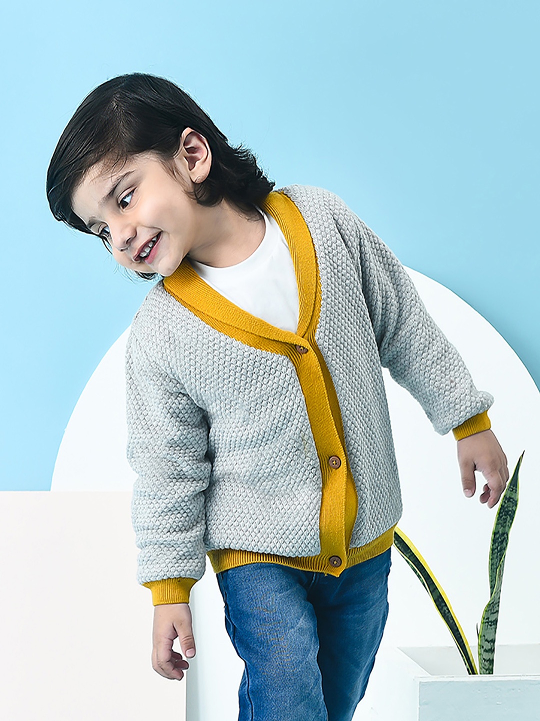 

MiArcus Grey & Mustard Cable Knit Cotton Cardigan