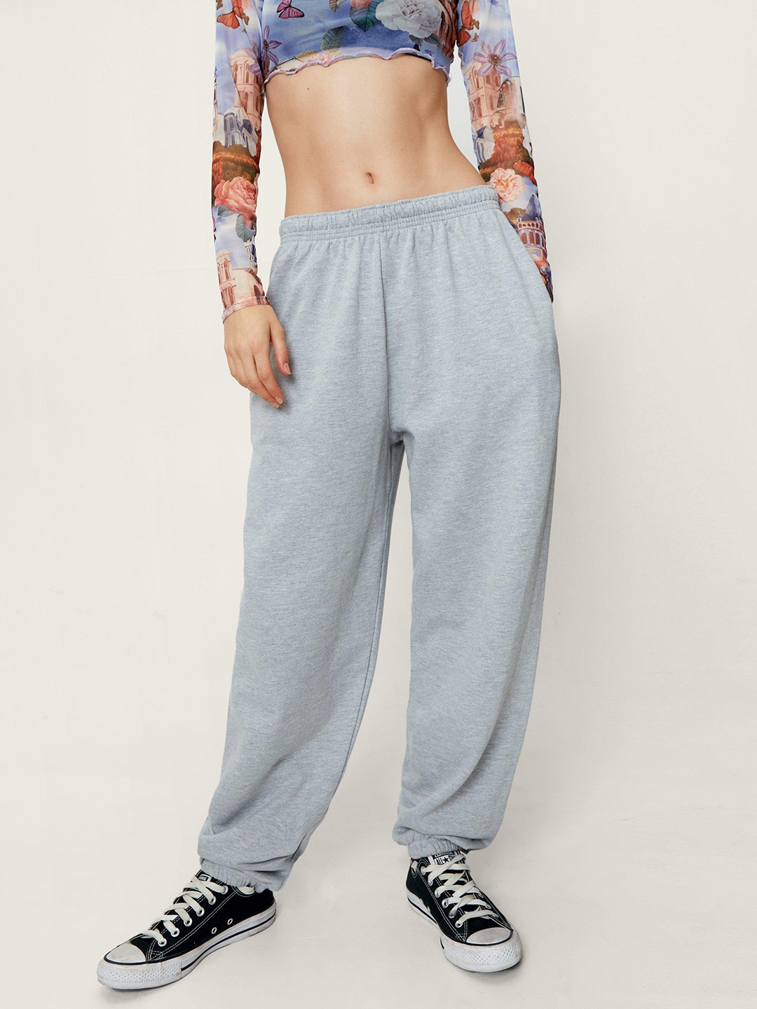 

NASTY GAL Women Grey Melange High-Waist Loose Fit Cuffed Joggers