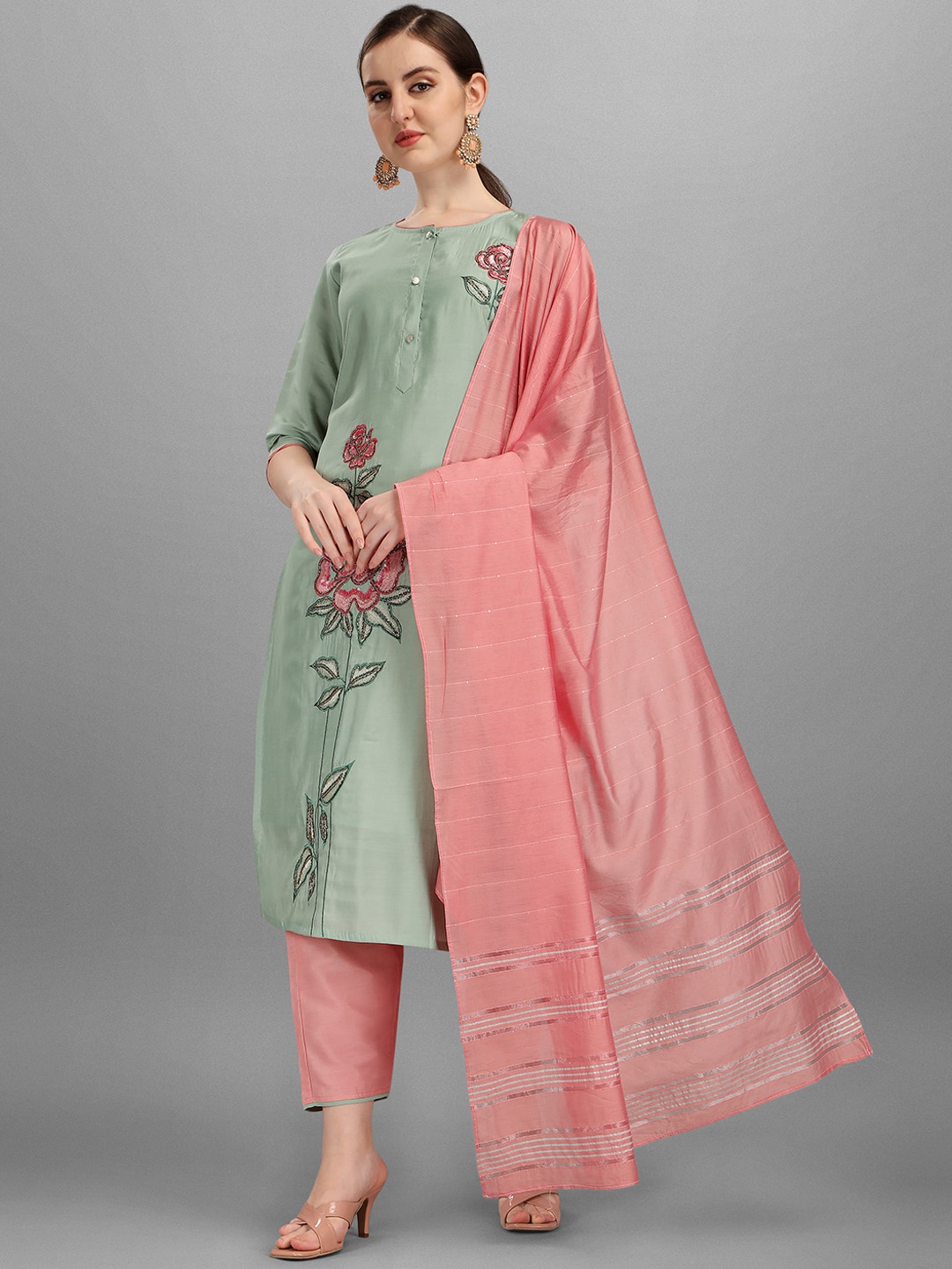 

Berrylicious Women Green Floral Embroidered Cotton Kurta with Trousers & Dupatta