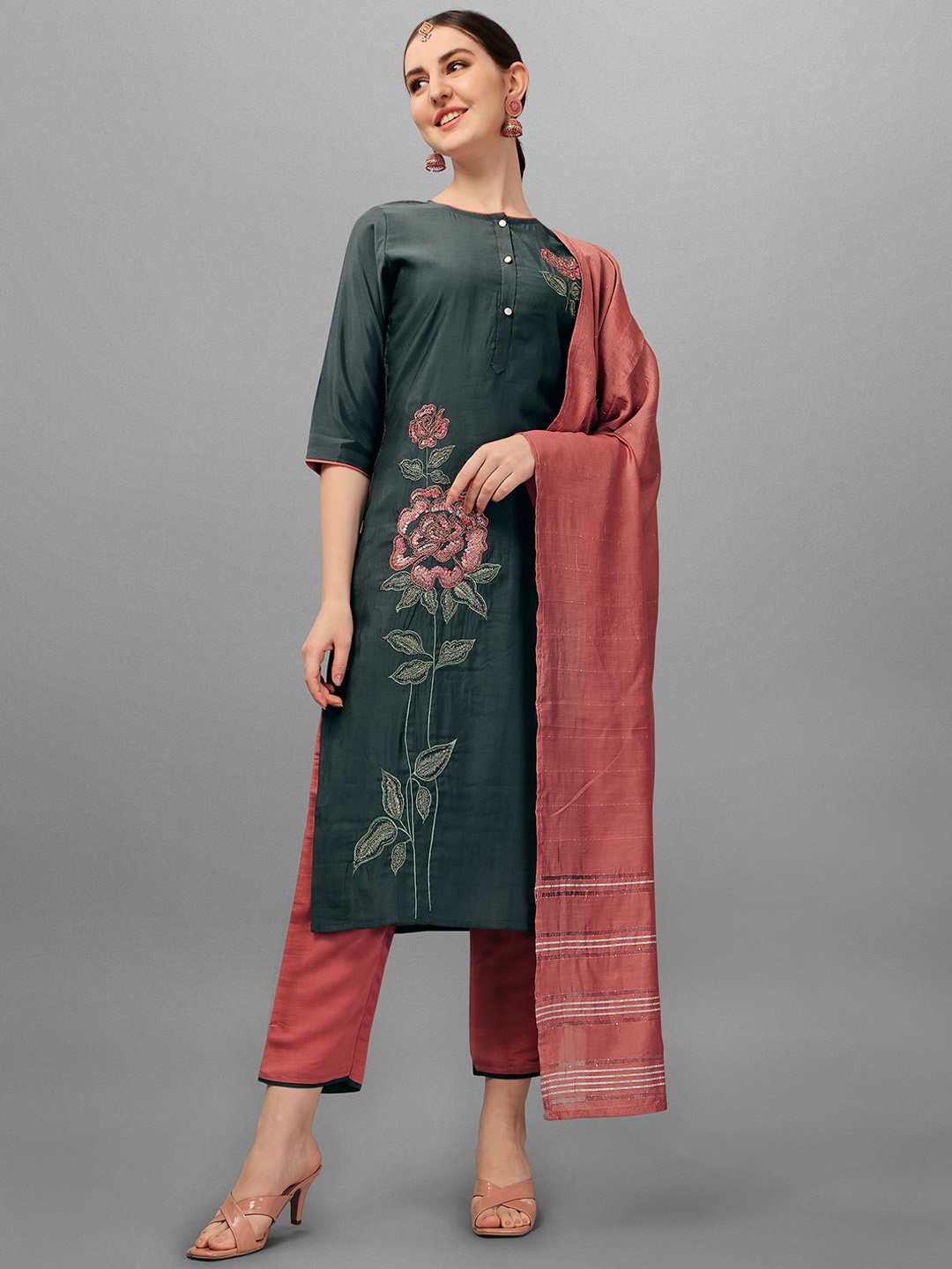 

Berrylicious Women Green Embroidered Thread Work Cotton Kurta with Trousers & Dupatta