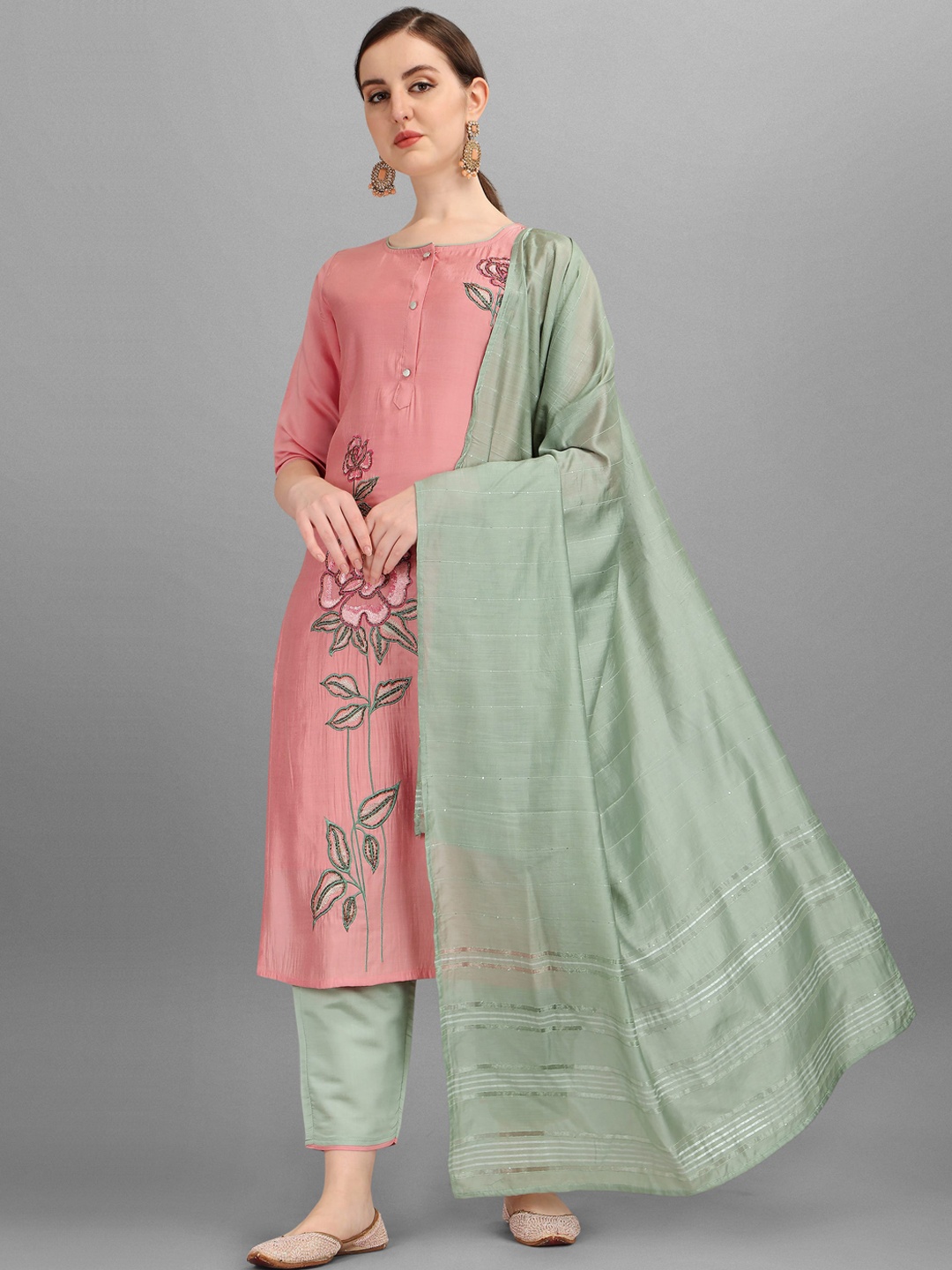 

Berrylicious Women Pink Floral Embroidered Cotton Kurta with Trousers & Dupatta