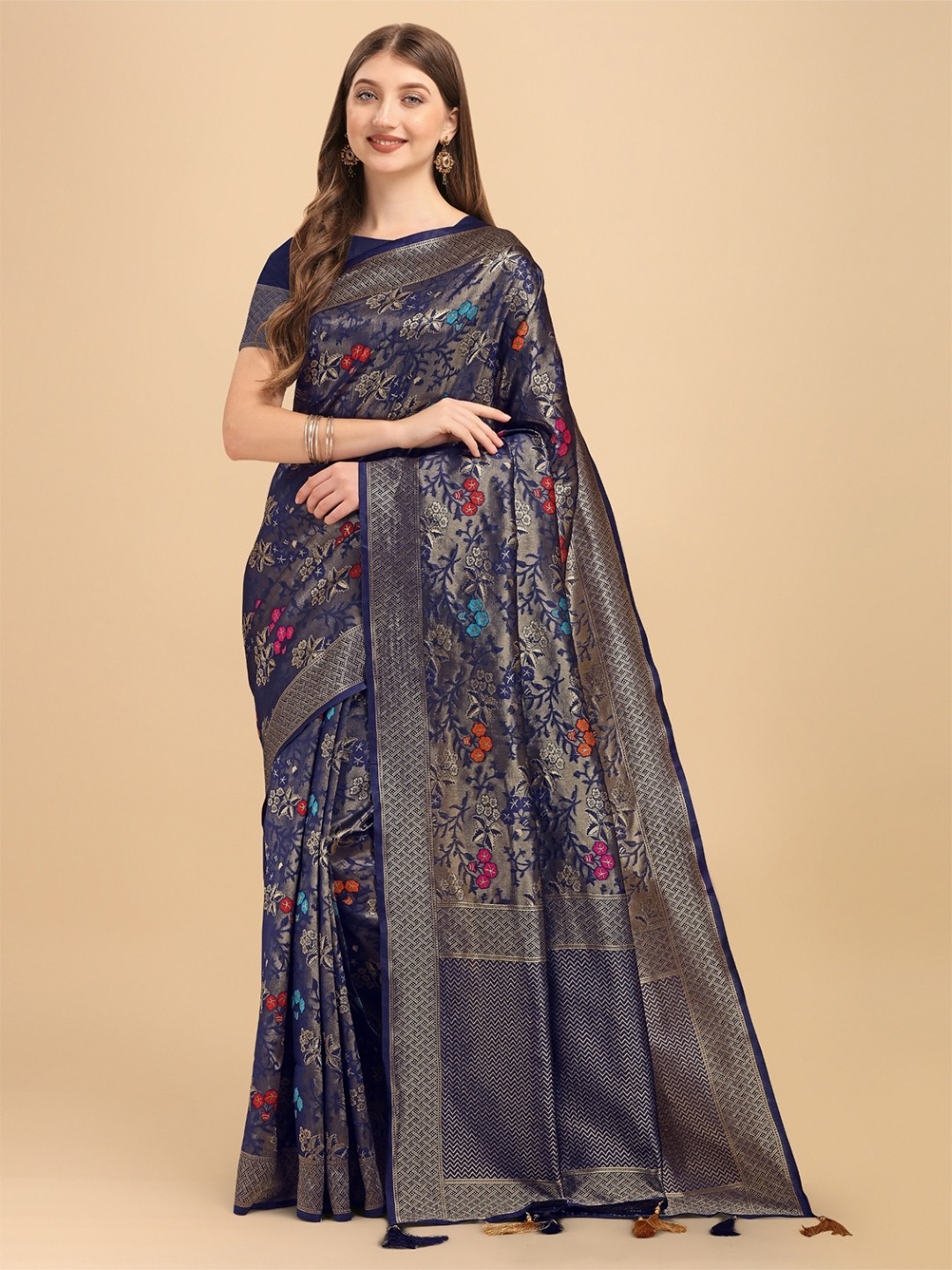 

TEREZA Navy Blue & Red Woven Design Pure Silk Kanjeevaram Zari Saree