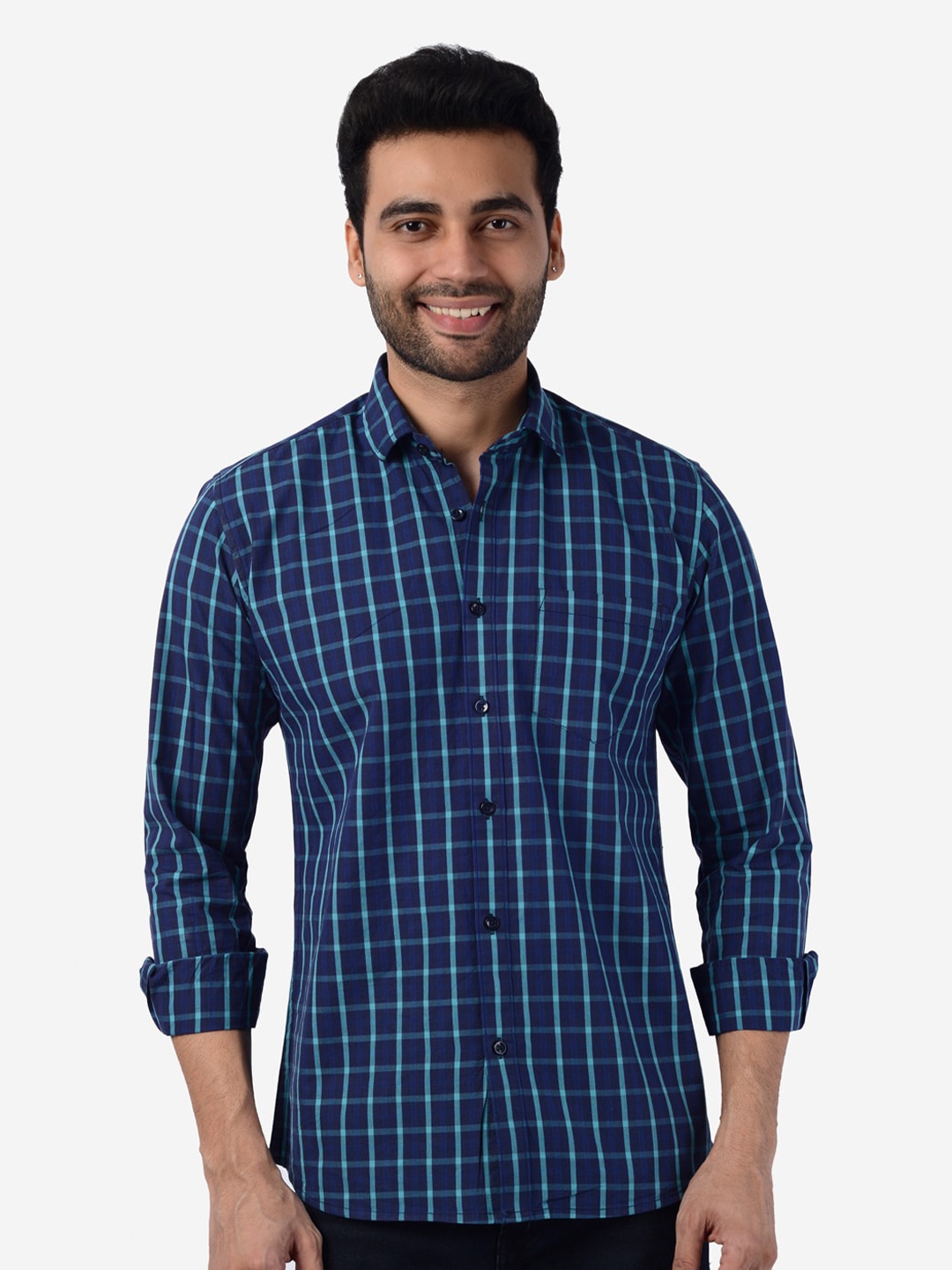 

5TH ANFOLD Men Blue Slim Fit Checked Pure Cotton Casual Shirt
