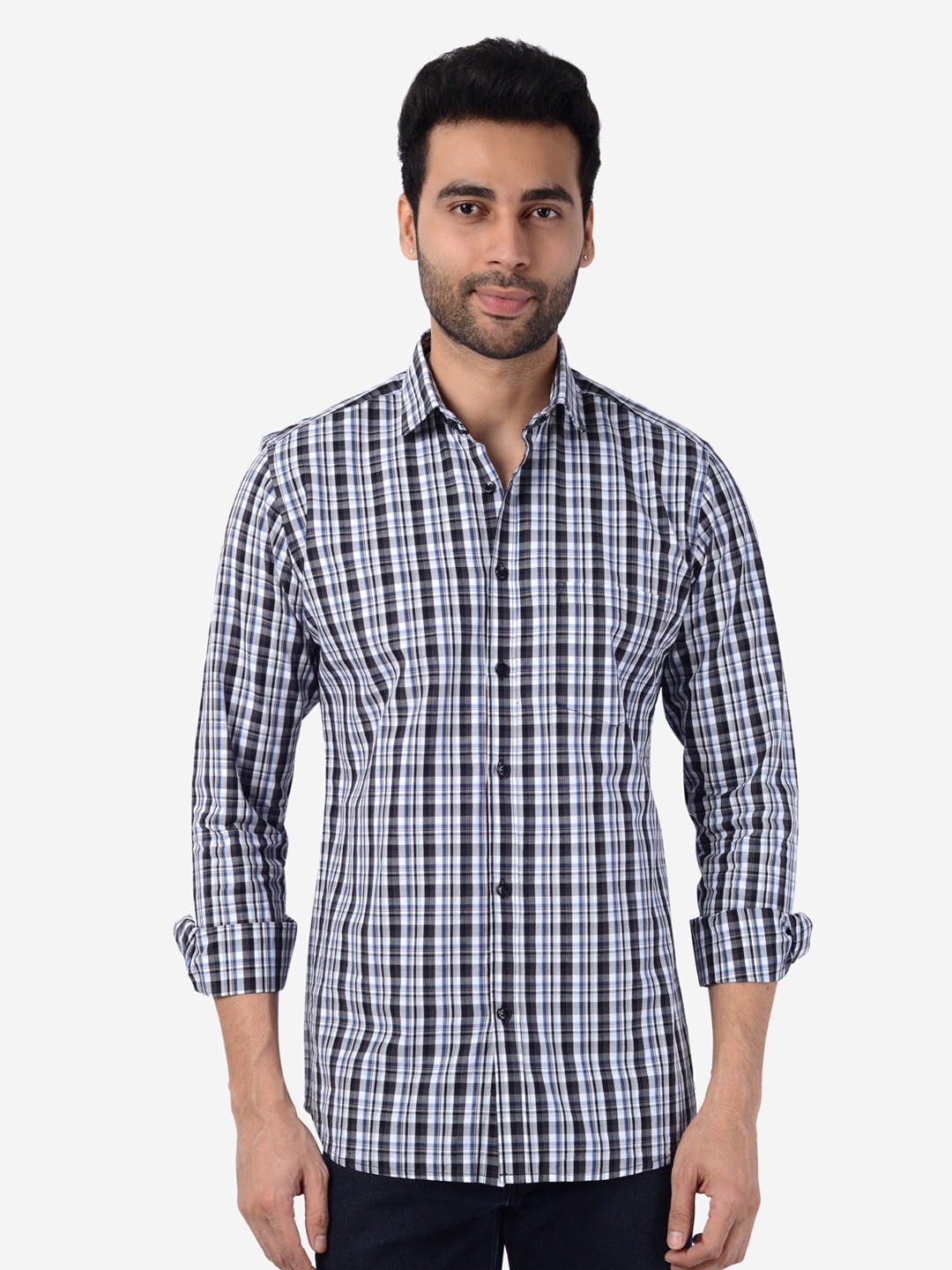 

5TH ANFOLD Men White Slim Fit Tartan Checks Pure Cotton Casual Shirt