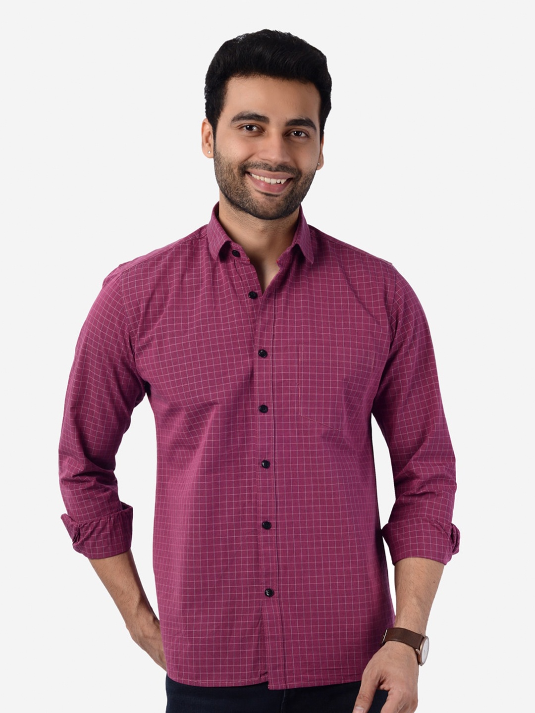 

5TH ANFOLD Men Maroon Slim Fit Checked Pure Cotton Casual Shirt