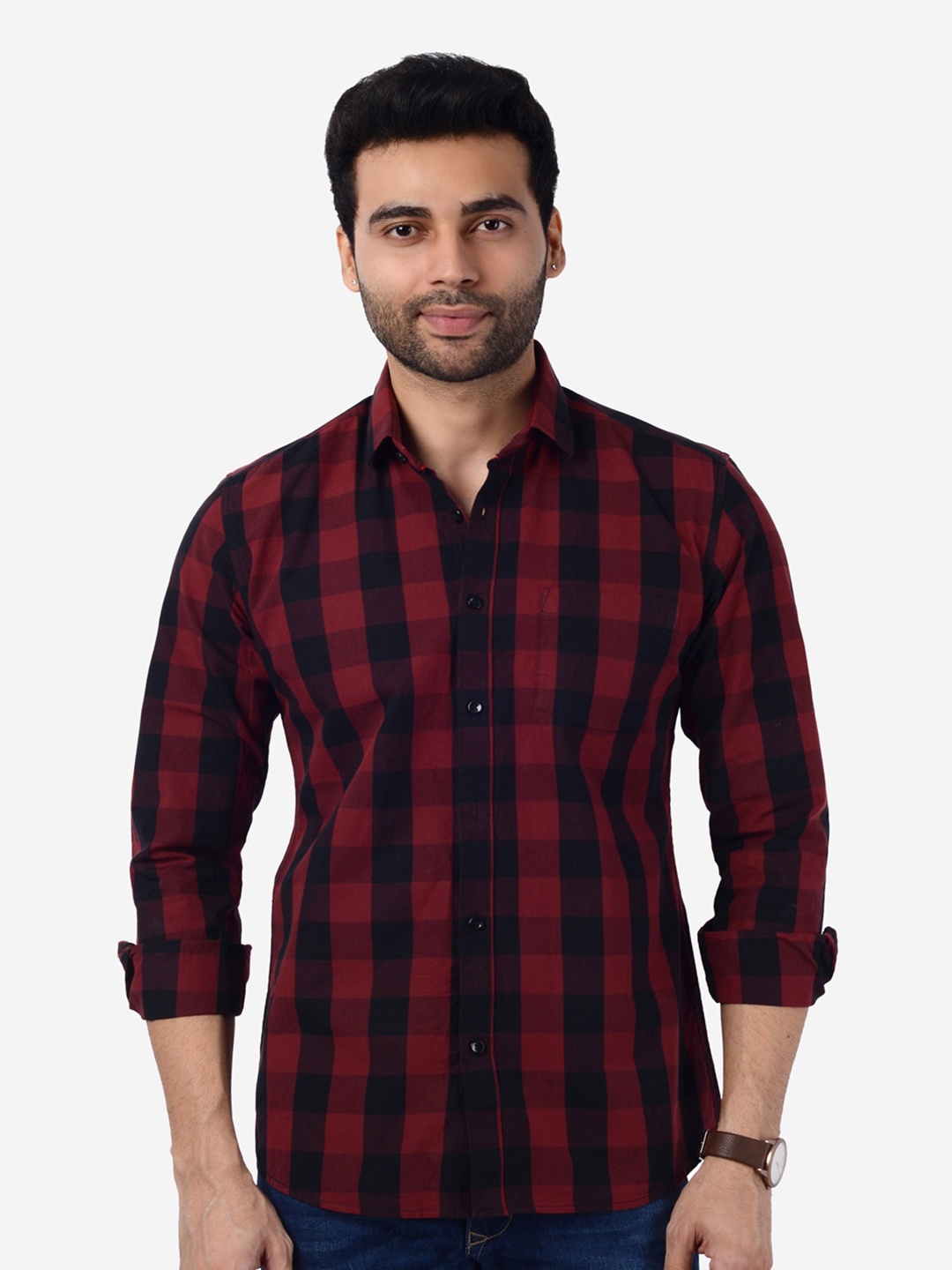 

5TH ANFOLD Men Maroon Slim Fit Buffalo Checks Pure Cotton Casual Shirt