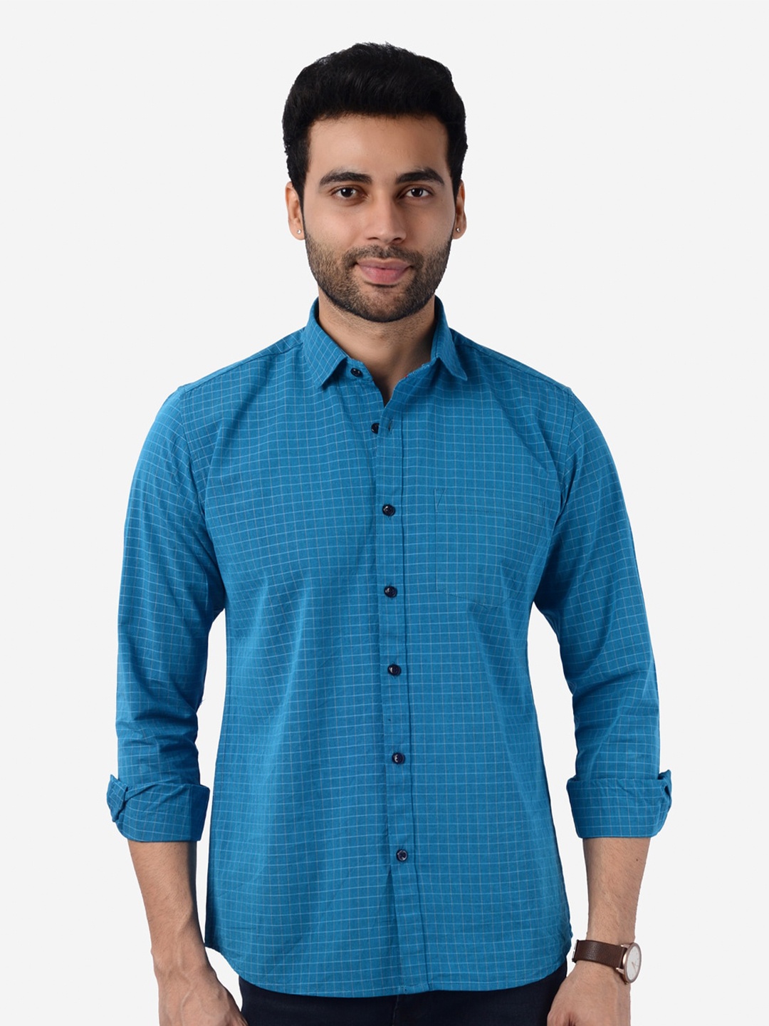 

5TH ANFOLD Men Blue Slim Fit Checked Pure Cotton Casual Shirt