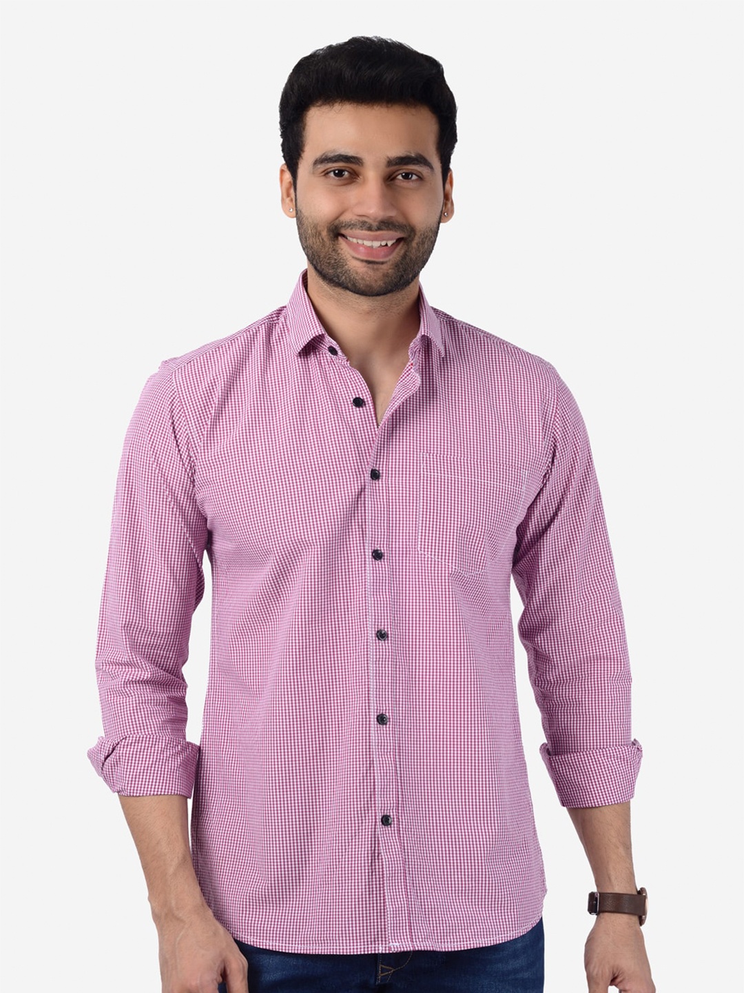

5TH ANFOLD Men Pink Slim Fit Checked Pure Cotton Casual Shirt