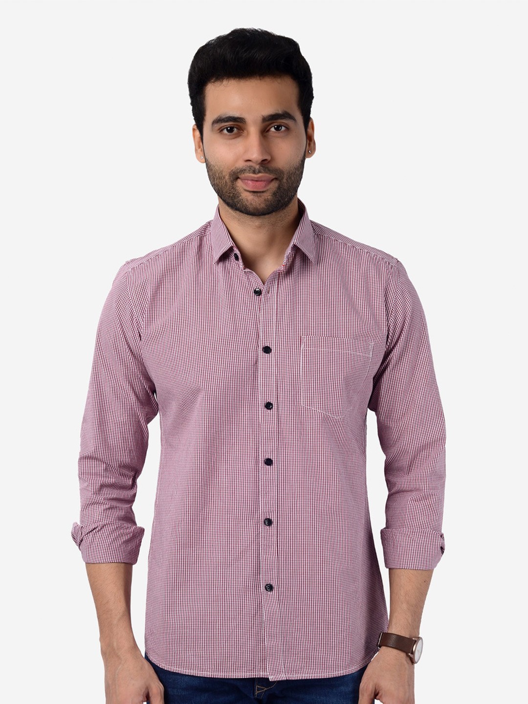 

5TH ANFOLD Men Pink Slim Fit Checked Pure Cotton Casual Shirt