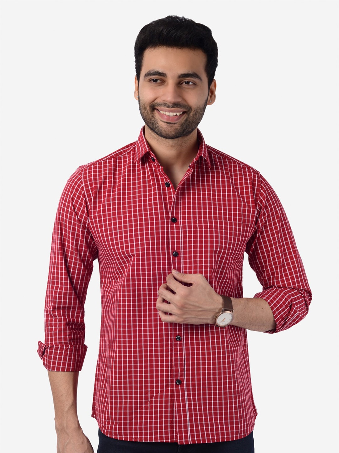 

5TH ANFOLD Men Red Slim Fit Checked Pure Cotton Casual Shirt